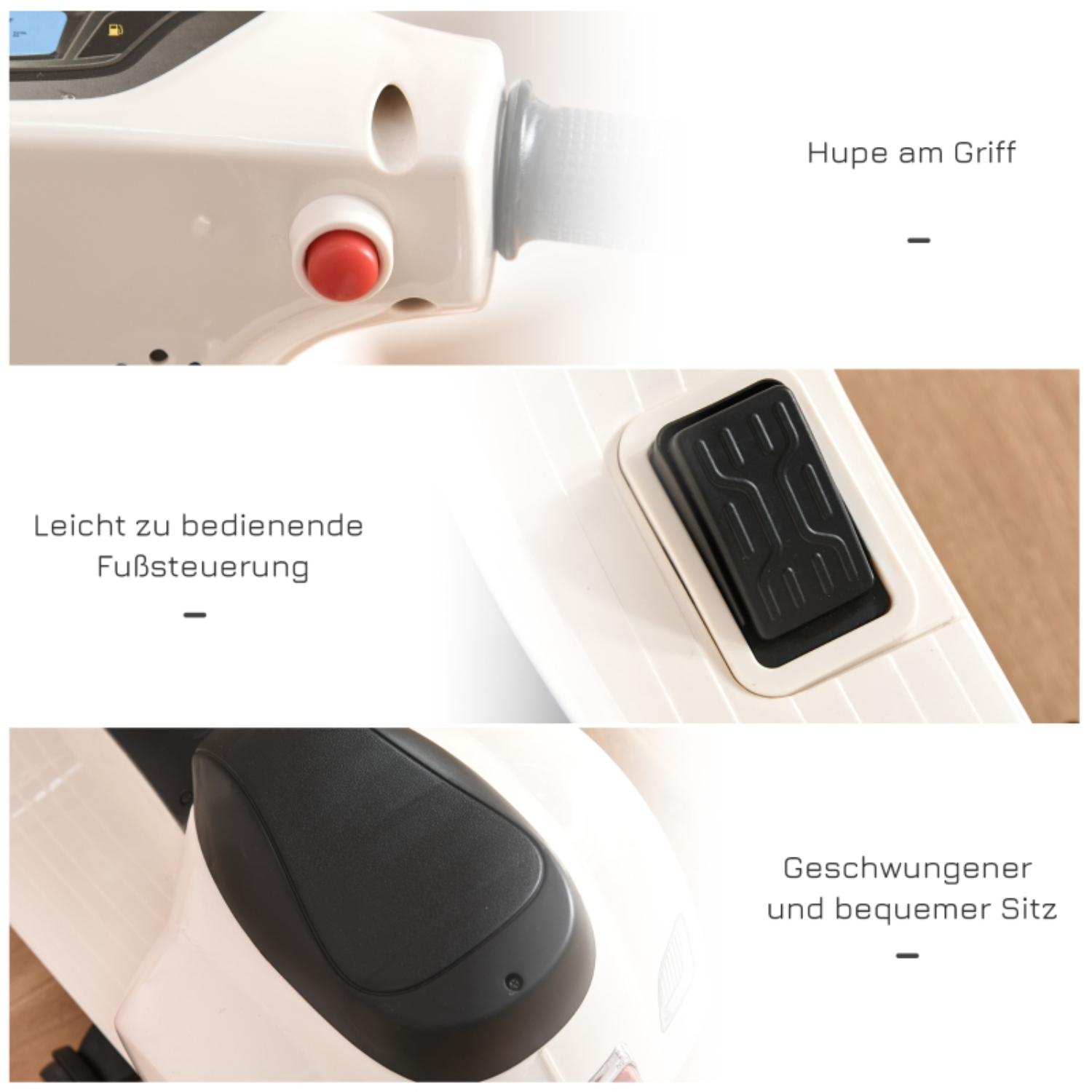 Nahaufnahmen von Details eines Spielzeugrollers: Hupe am Griff, Fußpedal und geschwungener Sitz für bequemes Fahren.