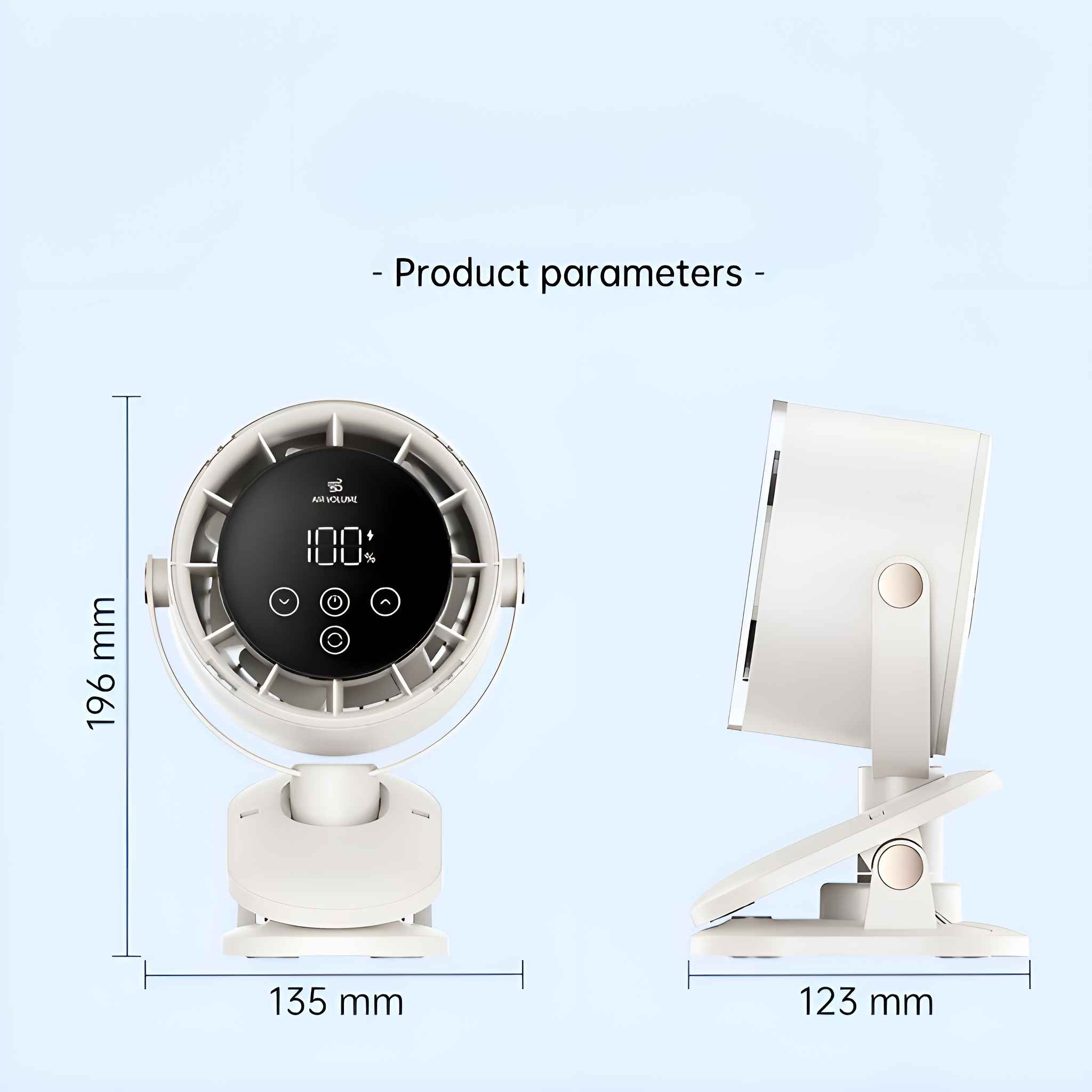 Produktparameter werden gezeigt: ein weißer Ventilator mit Abmessungen, 196 mm hoch, 135 mm breit und 123 mm tief.