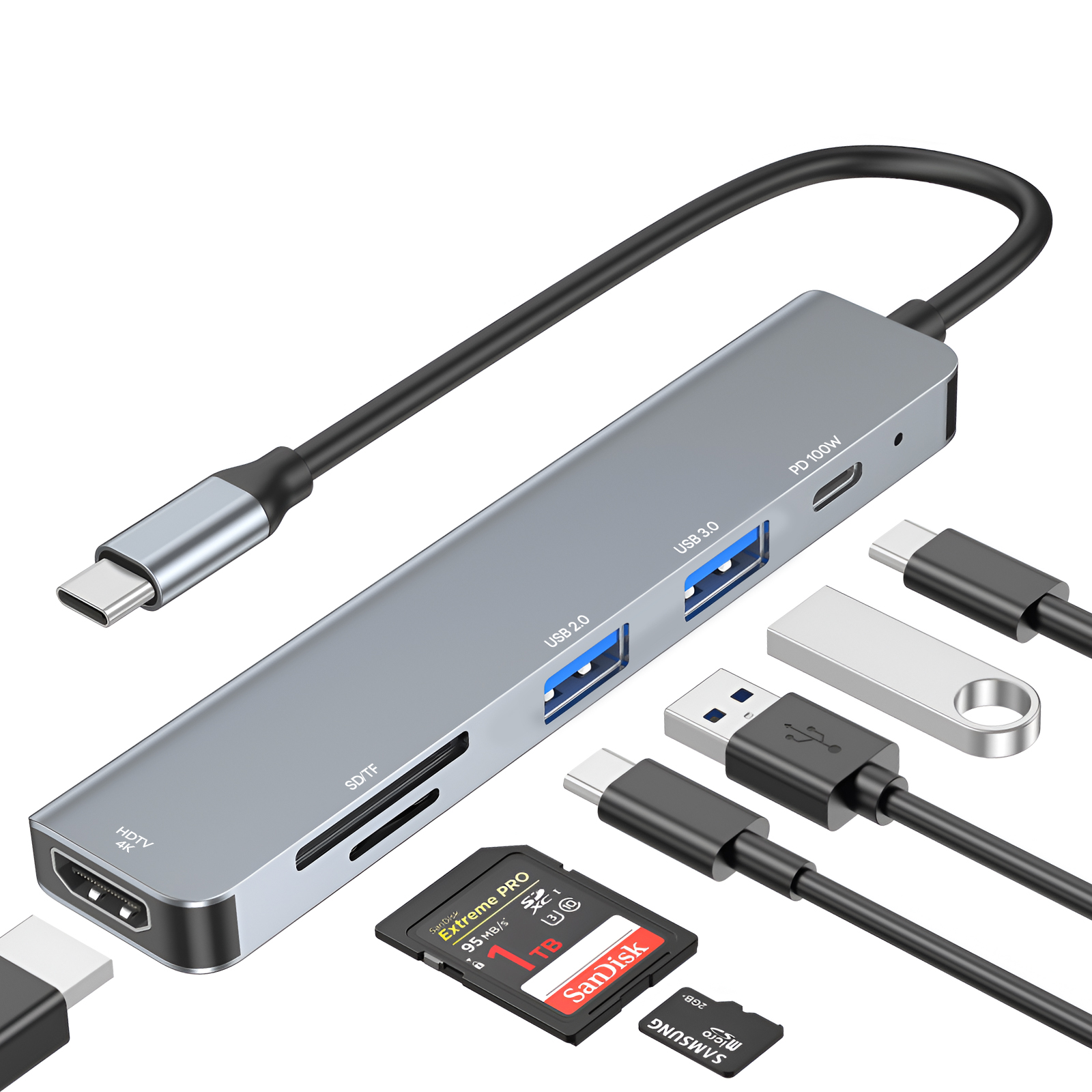 Ein silberner Hub mit mehreren Anschlüssen, einschließlich USB und HDMI. Verschiedene Kabel und Geräte sind angeschlossen.