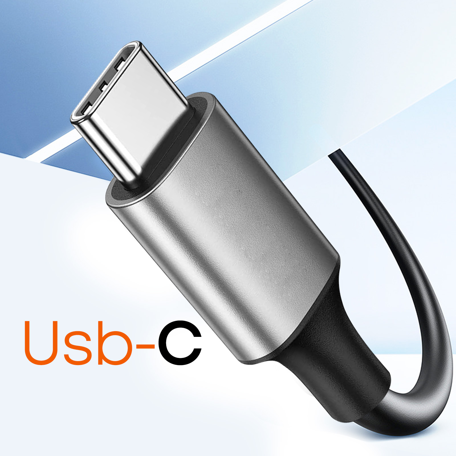 Nahaufnahme eines USB-C-Anschlusses mit schwarzem Kabel und dem Text „Usb-C“ in Orange darunter.