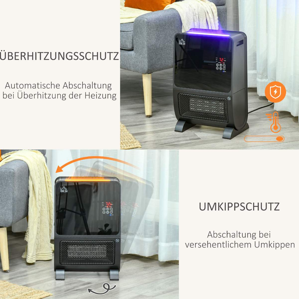 Ein schwarzer Heizlüfter mit Überhitzungsschutz und automatischer Abschaltung, mit Diagrammen und Text.