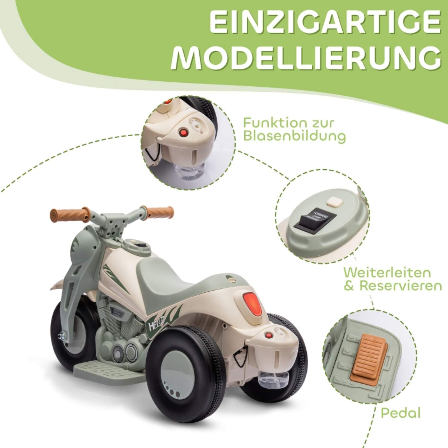 Ein weißes und grünes Spielzeugmotorrad mit detaillierten Teilen und Etiketten.