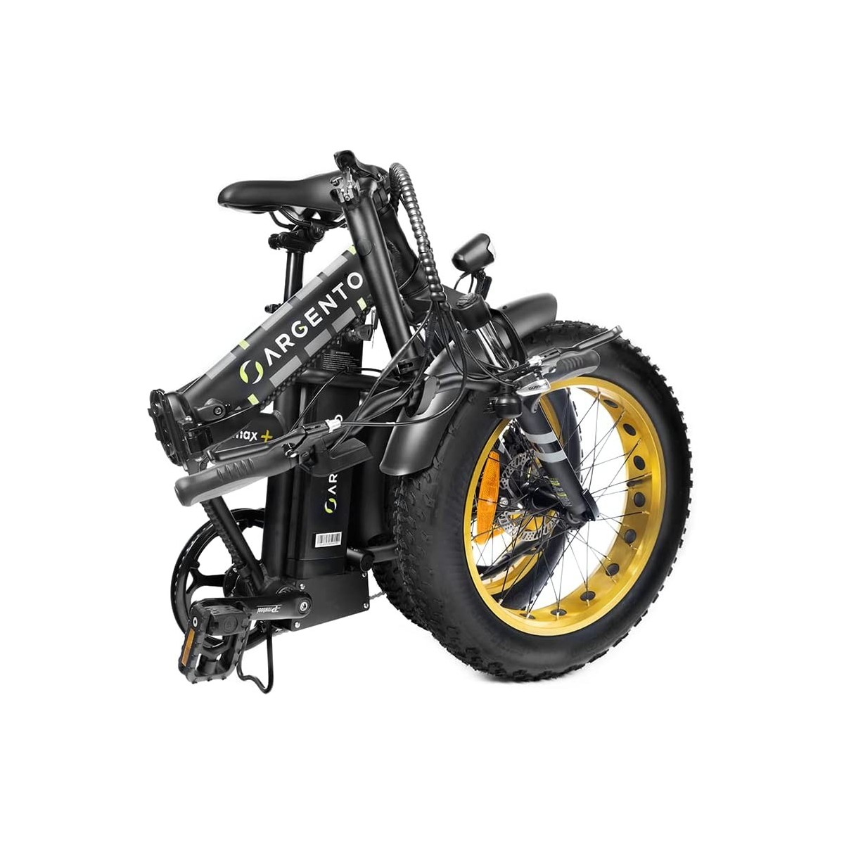 Una bicicletta elettrica pieghevole nera e gialla. La ruota anteriore ha un cerchio dorato. Sfondo bianco.