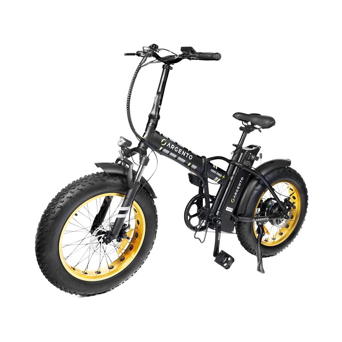 Una bici elettrica Argento nera e oro con pneumatici grandi, leggermente inclinata.