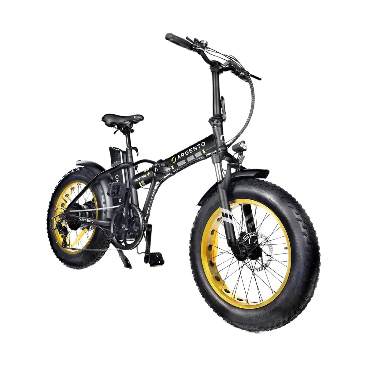 Una bici elettrica pieghevole nera e gialla su sfondo bianco. I pneumatici sono gialli.