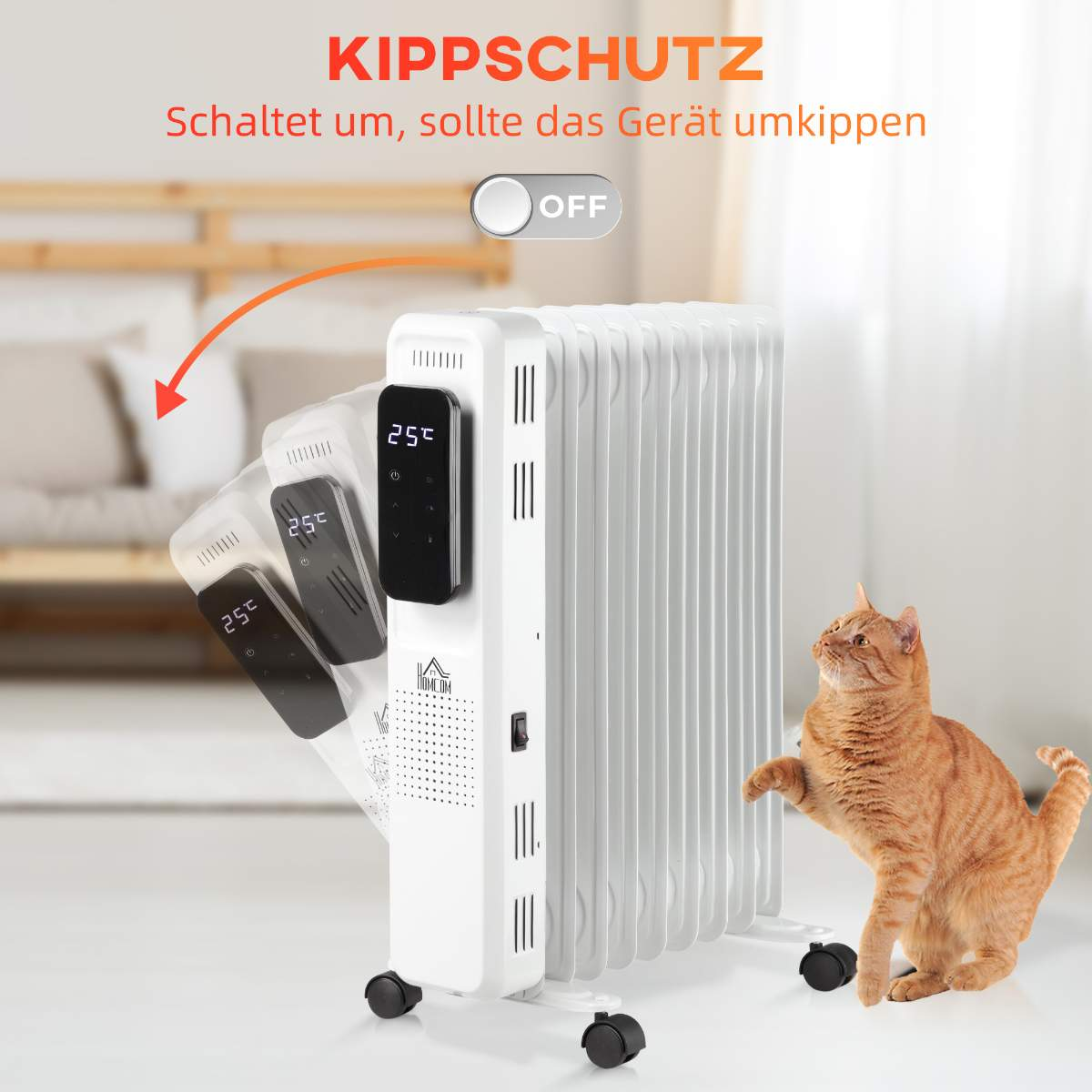Ein weißer Heizkörper mit digitaler Anzeige von 25°C. Eine orange Katze ist in der Nähe. Der Text lautet 'Kippschutz'.