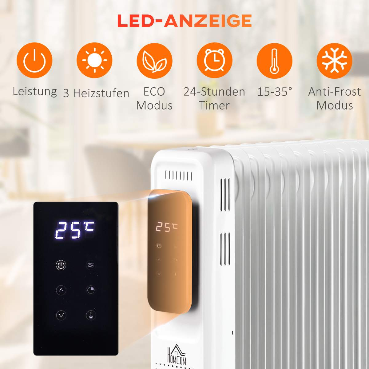 Weißer elektrischer Heizkörper mit Digitalanzeige. Zeigt Einstellungen für Timer, Heizstufen und Frostschutzmodus.