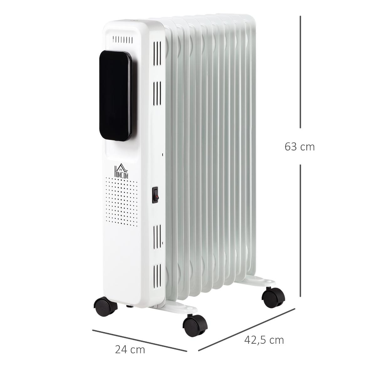 Weißer elektrischer Heizkörper mit Maßen: 63 cm hoch, 24 cm breit, 42,5 cm tief. Schwarze Räder.