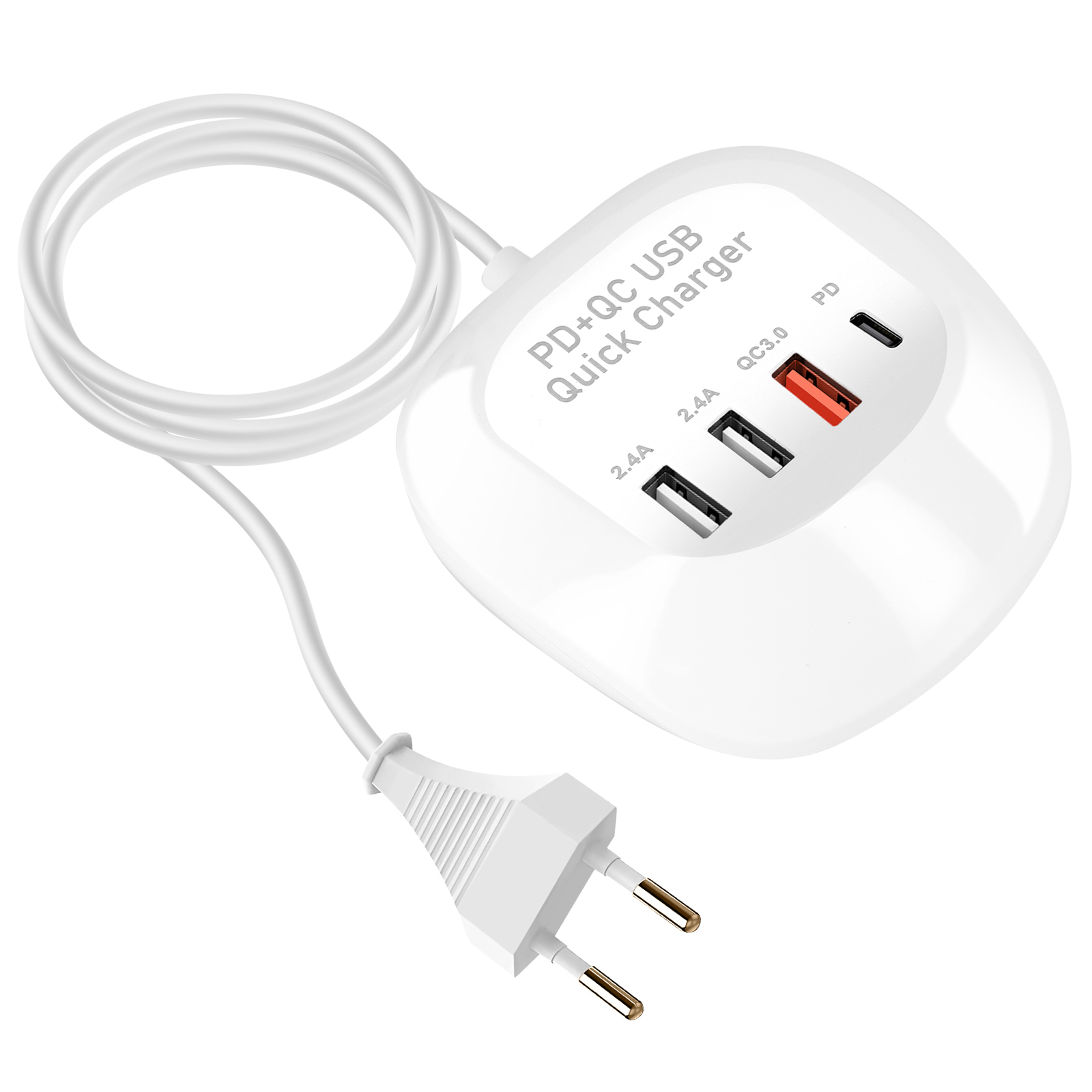 Weißes USB-Ladegerät mit vier Ausgängen und weißem Kabel, mit EU-Stecker.