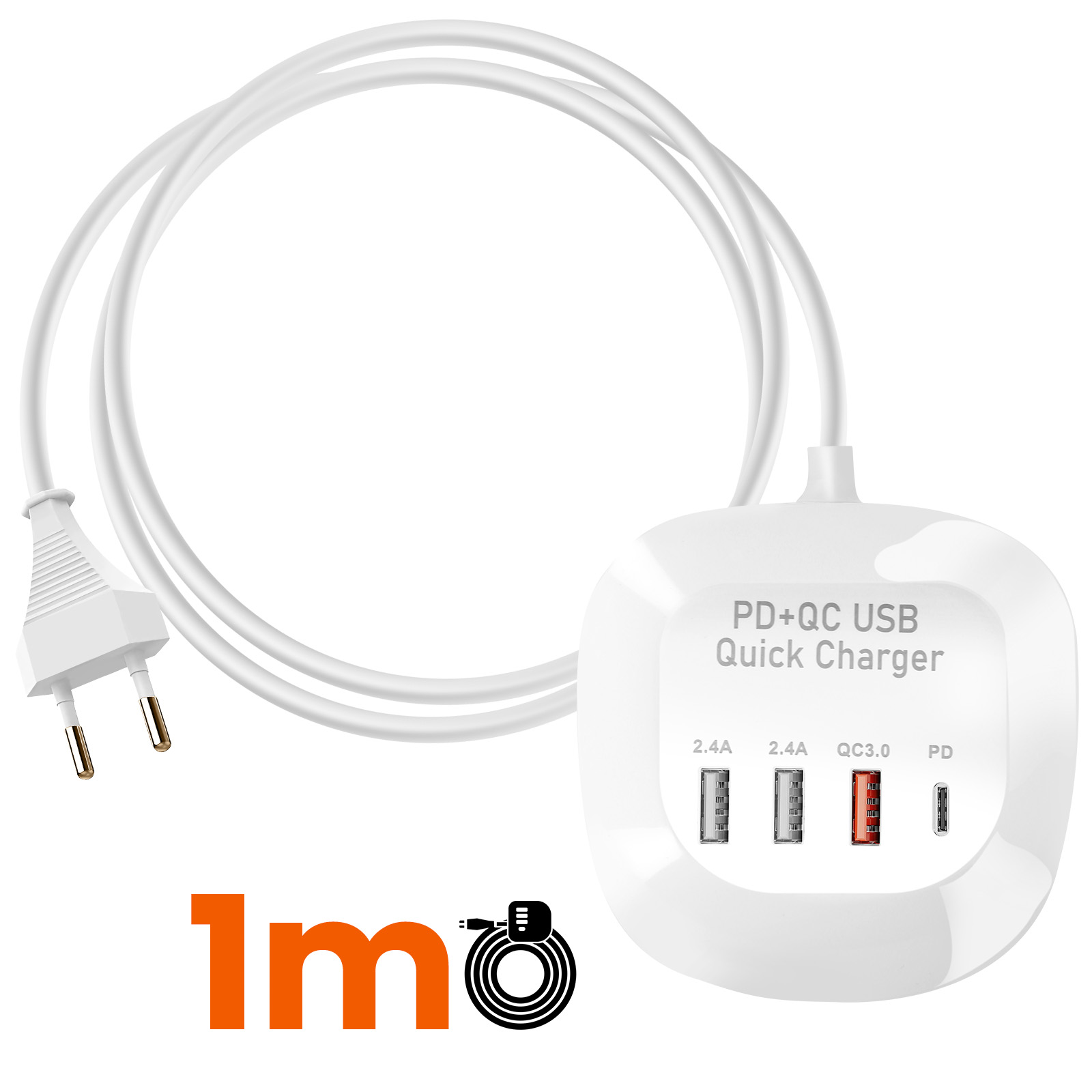 Weißes USB-Ladegerät mit vier Ausgängen und weißem Kabel, mit '1m'-Etikett.