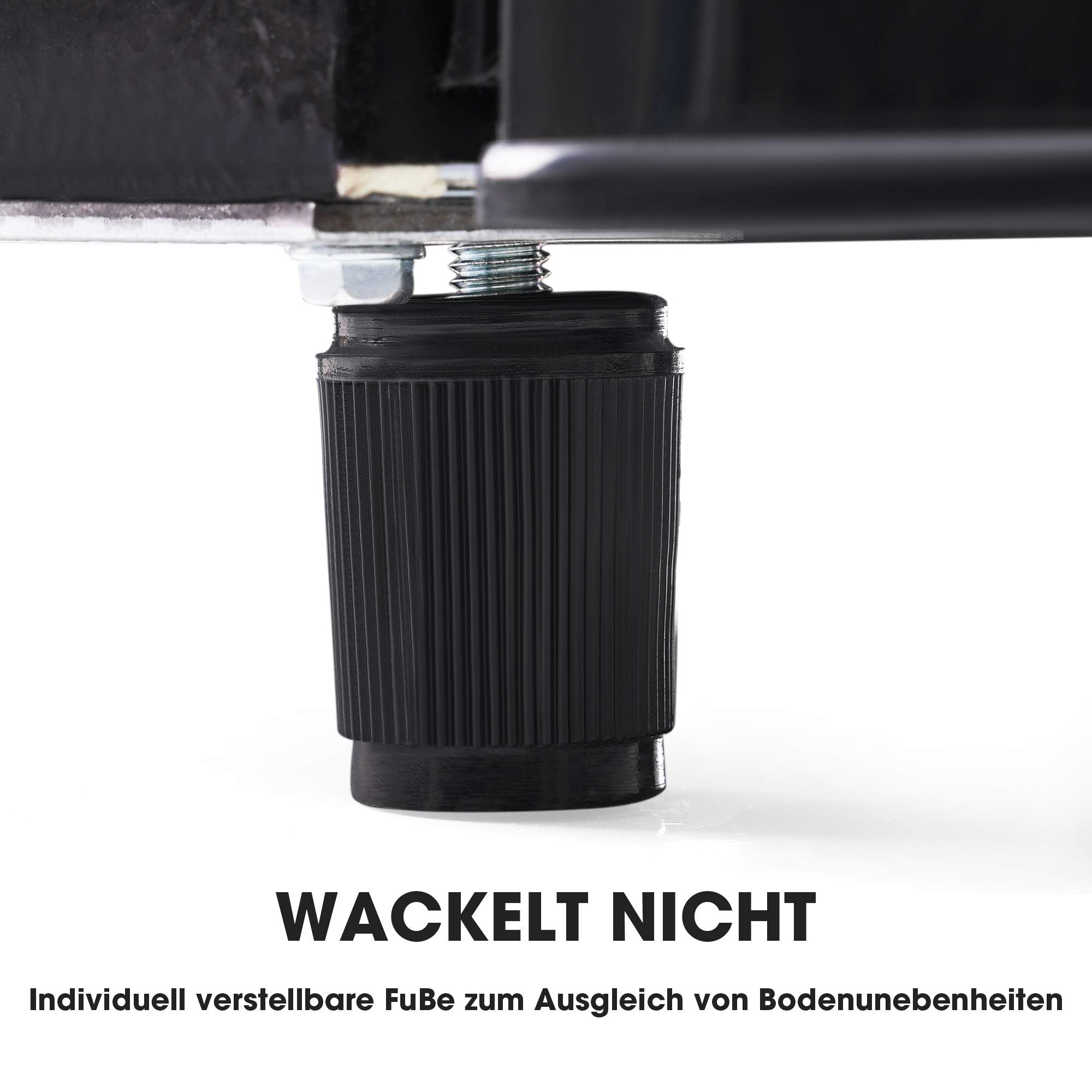 Ein schwarzer Kühlschrankfuß, mit Schraube und dem Text 'WACKELT NICHT', der Stabilität anzeigt.