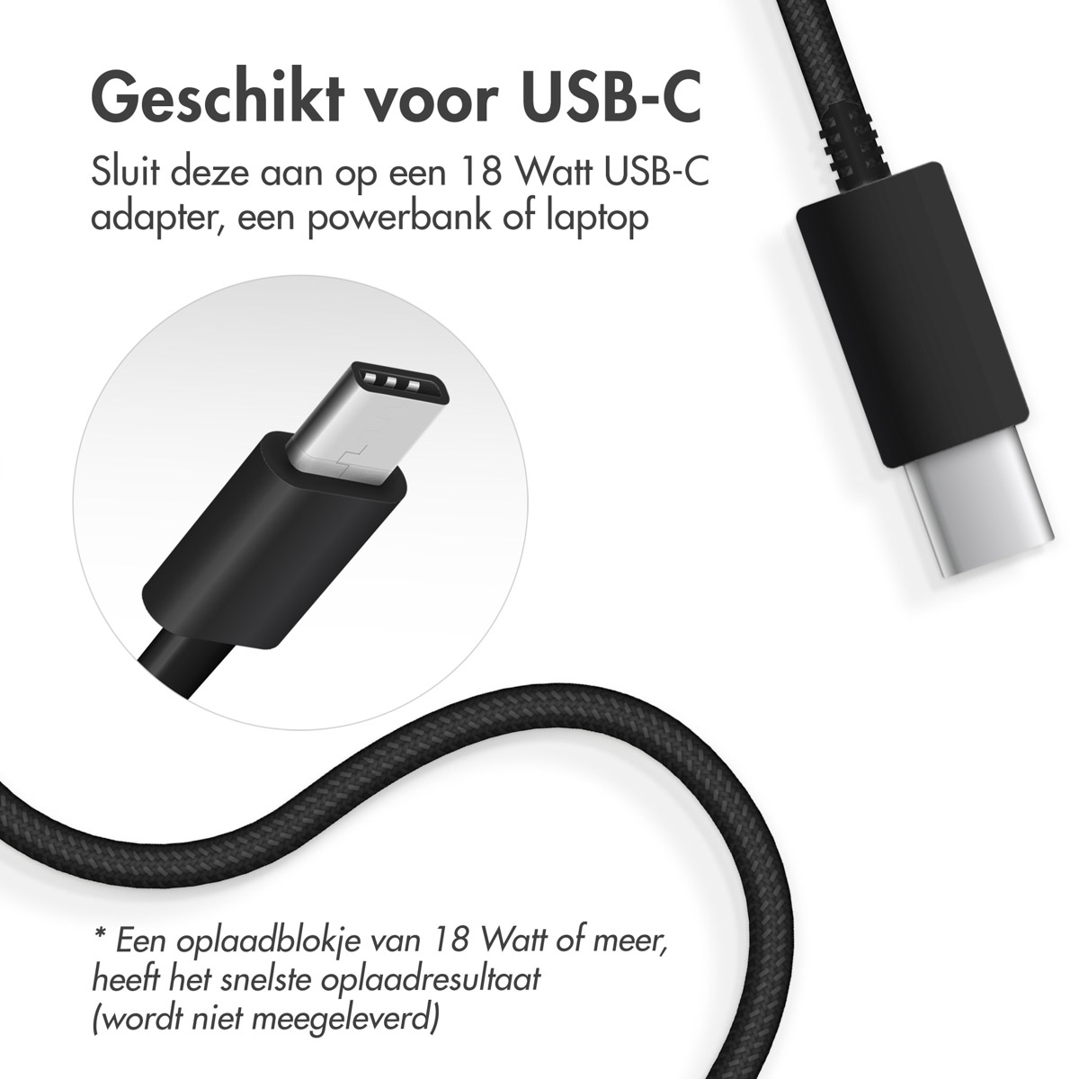 Close-up of a black USB-C cable with a silver connector, text in Dutch. Cable is curved.