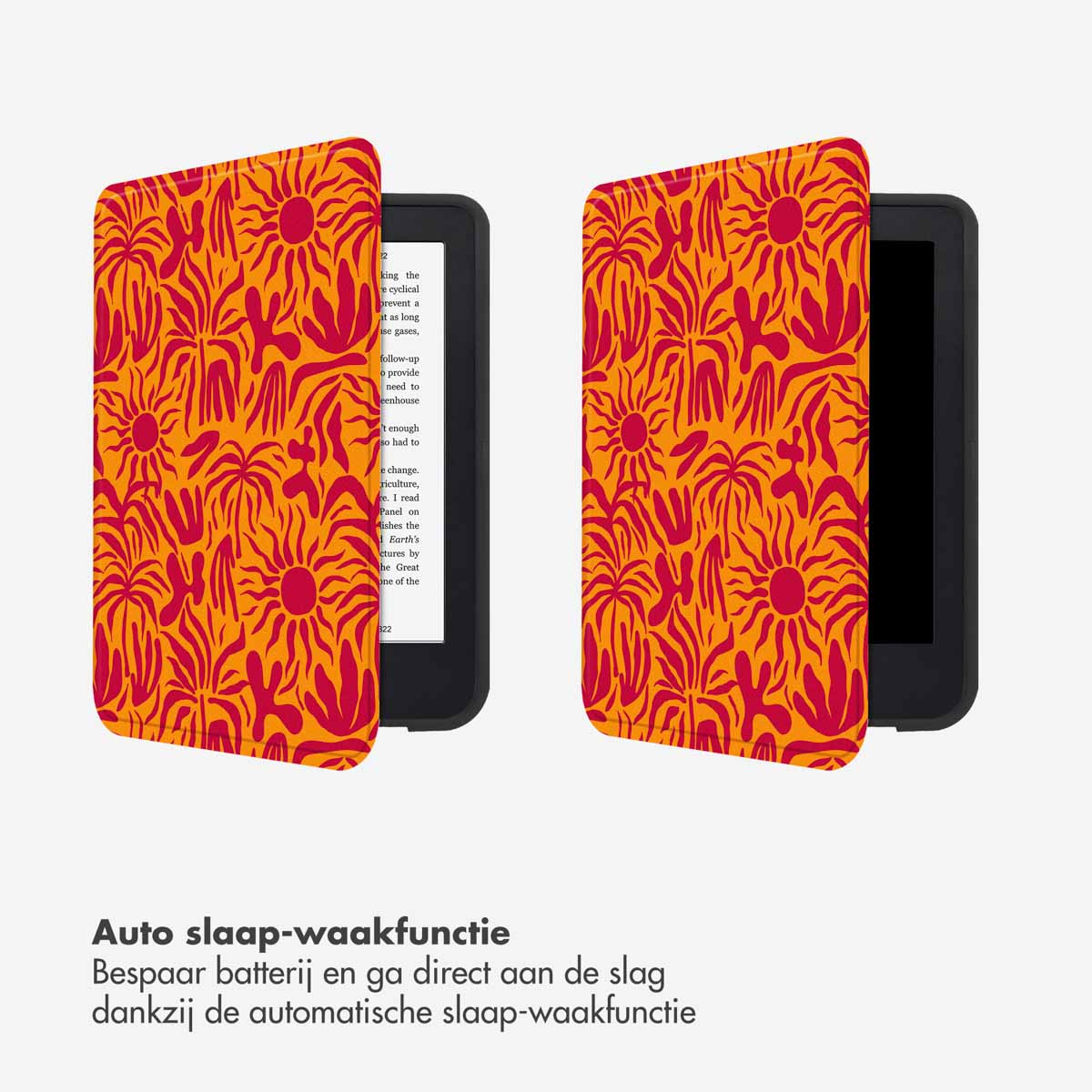 Primo piano di un e-reader con una copertina floreale rossa e arancione, testo in olandese sulla funzione di sospensione automatica.