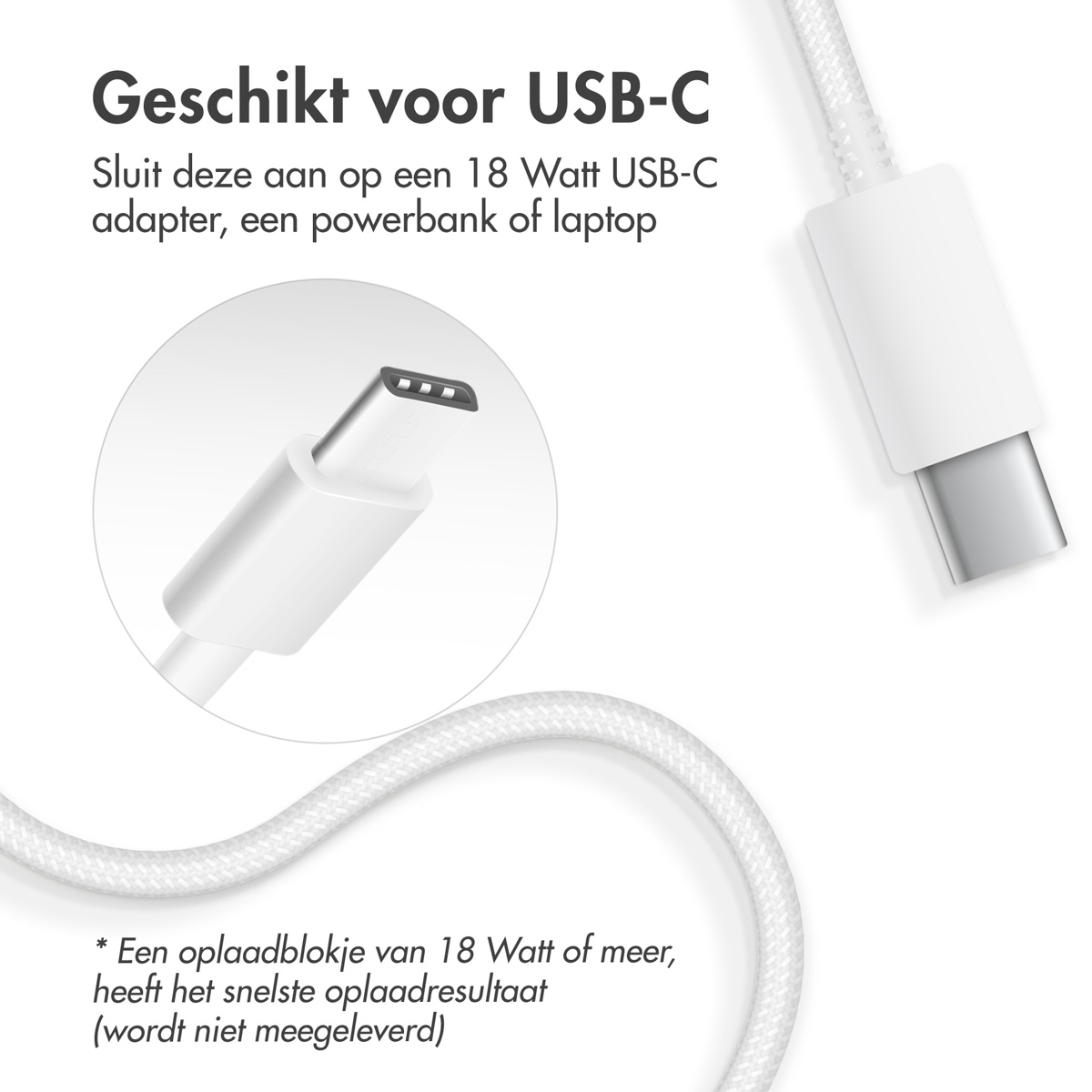 Close-up van een USB-C-kabel en connector. Tekst: 'Geschikt voor USB-C'.