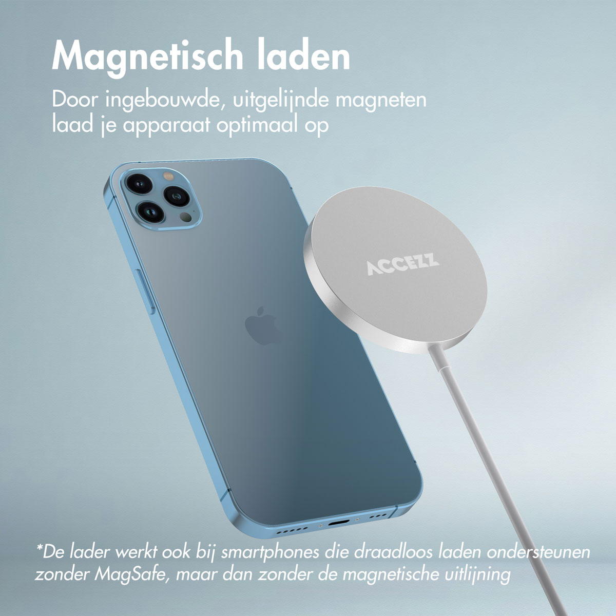 Blauwe telefoon draadloos opladen met een witte oplaadpad. Tekst: 'Magnetisch laden'.