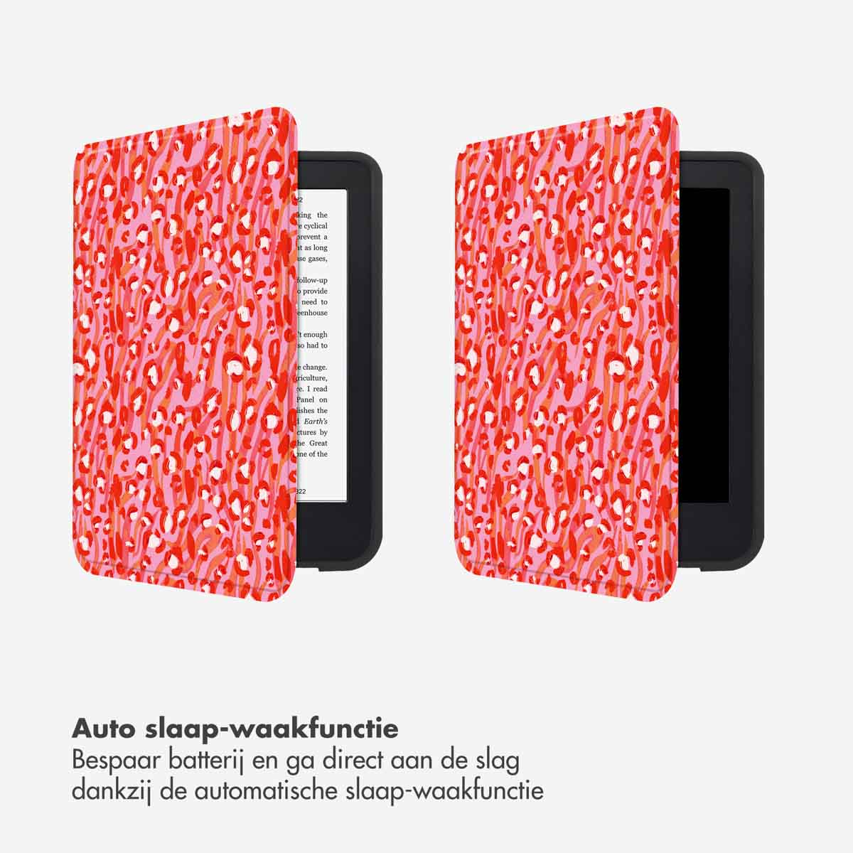 Due e-reader in custodie con stampa leopardata rossa. Testo: 'Funzione di sospensione-riattivazione automatica'.