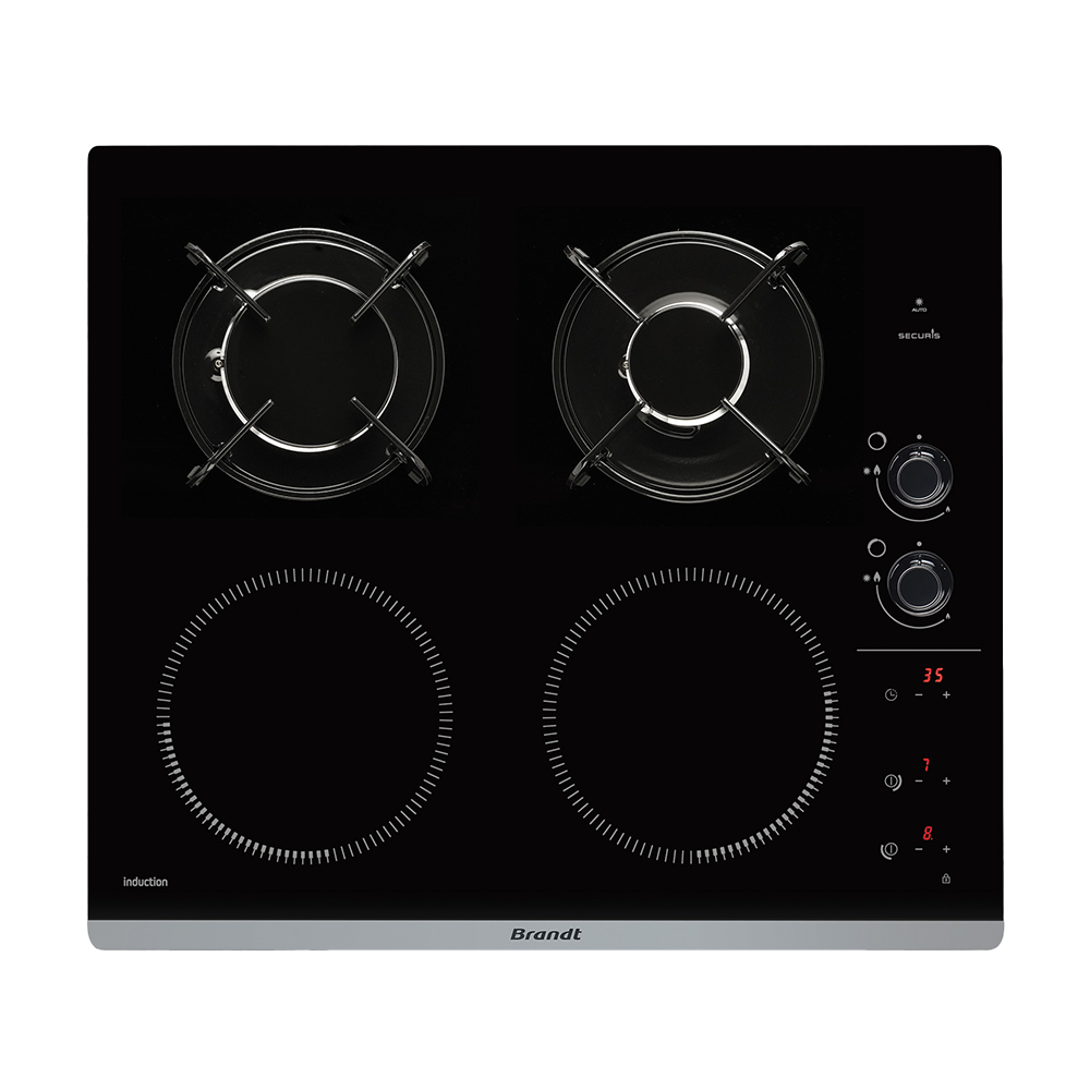 Czarna płyta indukcyjna z czterema strefami gotowania, dwoma palnikami gazowymi. Logo Brandt na dole.