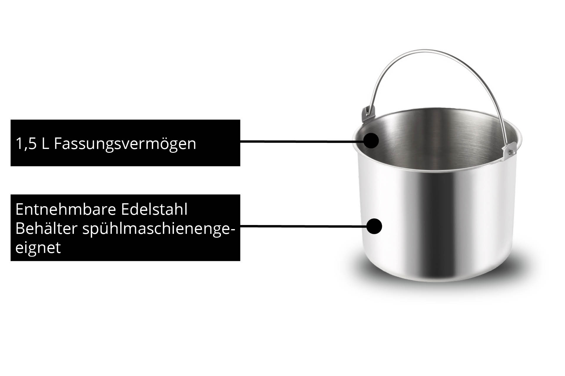 Edelstahl-Eisbehälter mit deutschen Beschriftungen, weißer Hintergrund.