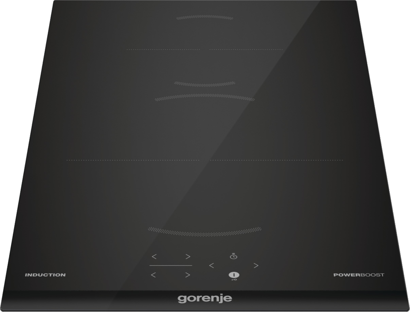 Schwarzes Gorenje Induktionskochfeld mit Touch-Bedienelementen.