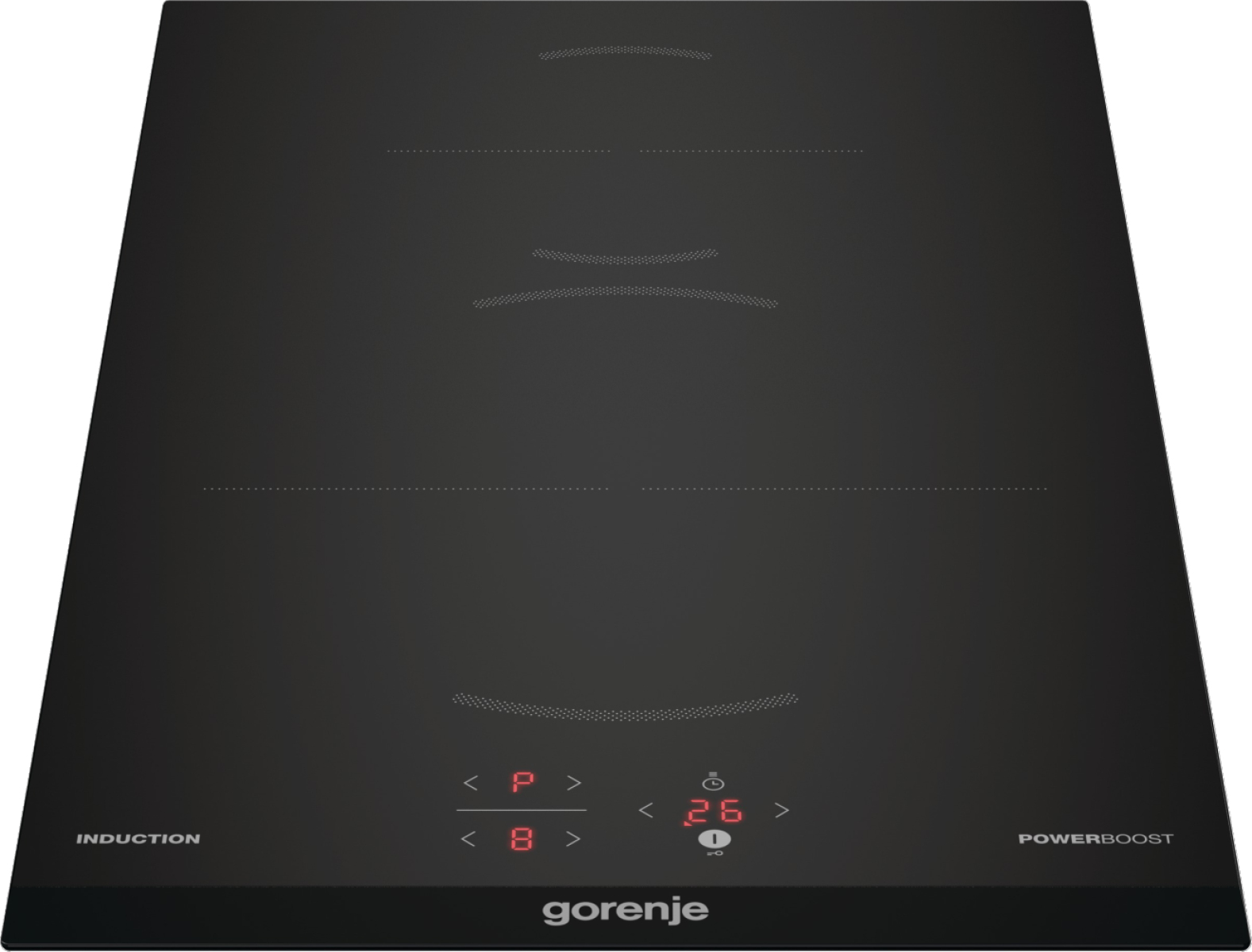 Schwarzes Induktionskochfeld mit Digitalanzeige, die 26 anzeigt. Bedienfeld mit Power-Boost- und Induktionsbeschriftung. Gorenje-Logo.
