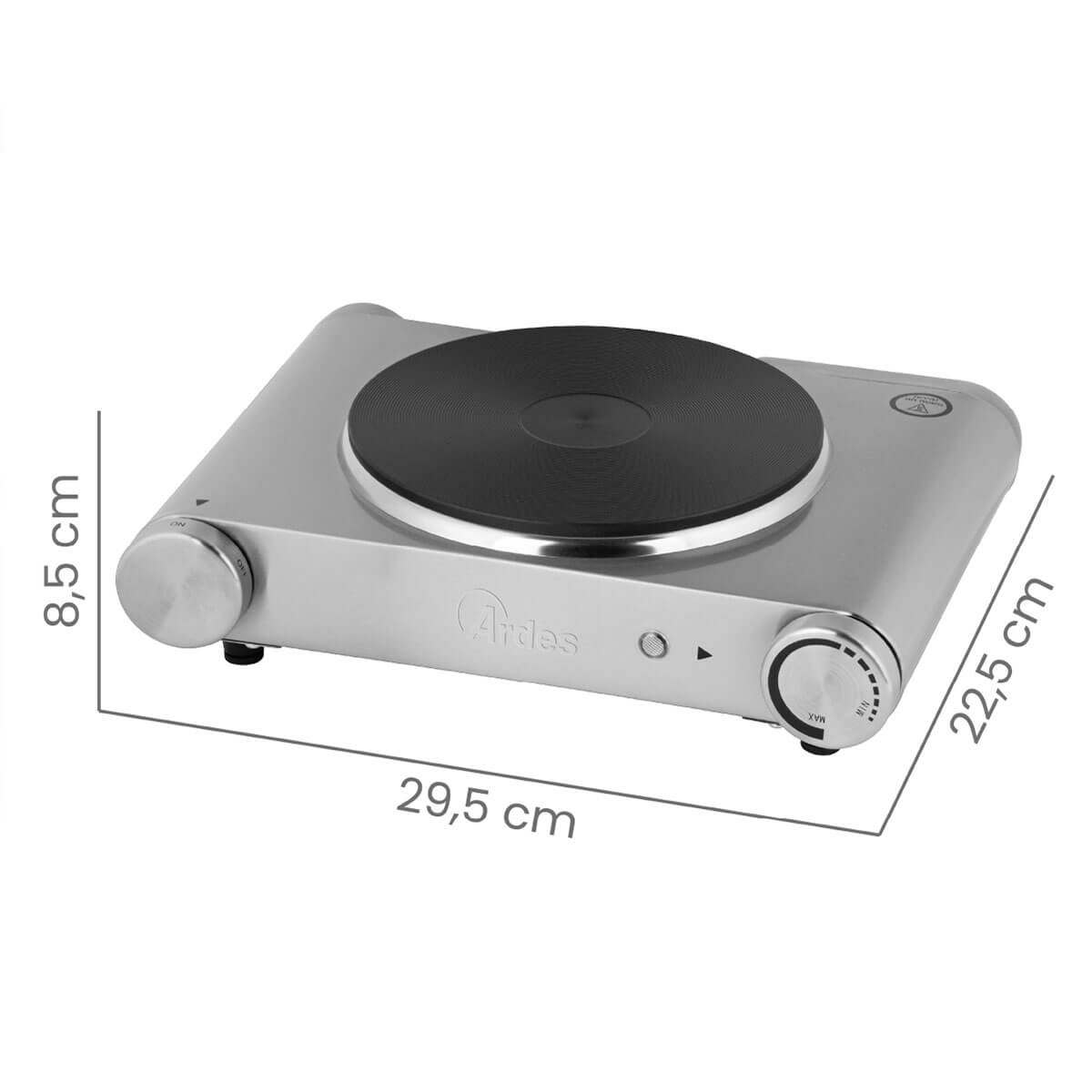 Srebrna płyta grzewcza z jednym palnikiem o wymiarach 29,5 cm x 22,5 cm x 8,5 cm, z elementami sterującymi.