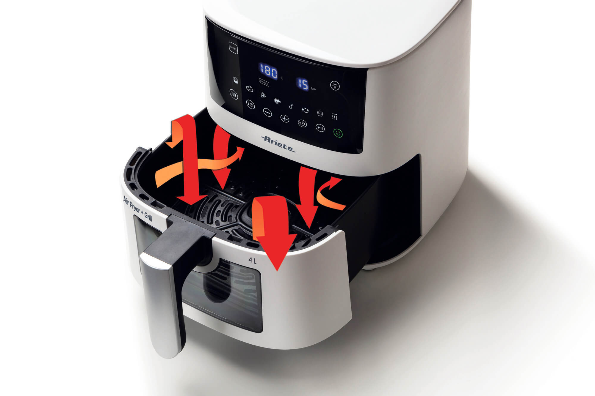 Frytkownica beztłuszczowa pokazuje obieg powietrza ze strzałkami i otwartą szufladą. Jest biało-czarna.