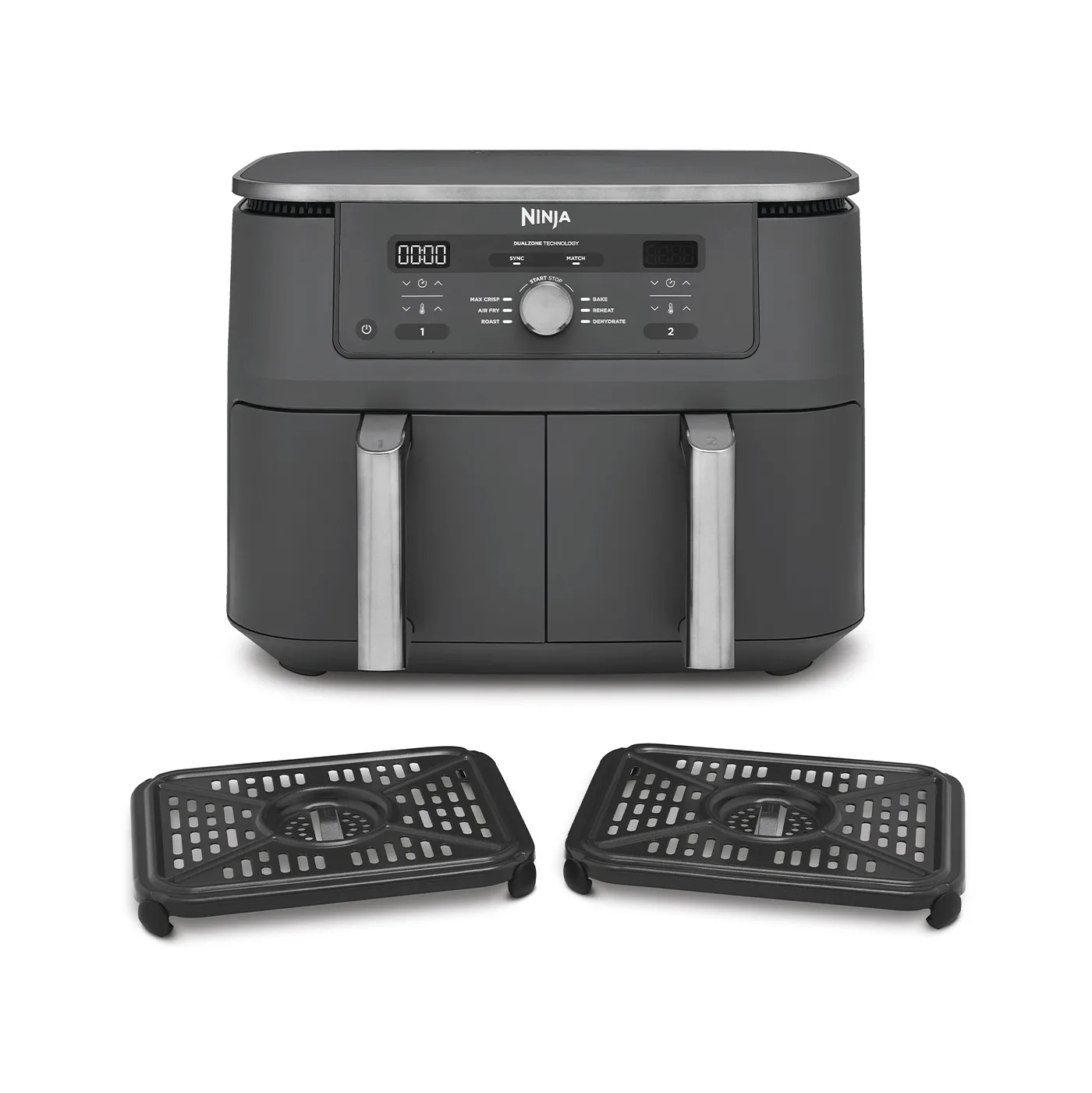 Ciemnoszara frytkownica Ninja z dwoma koszami, dwiema tacami i cyfrowym wyświetlaczem, na białym tle.
