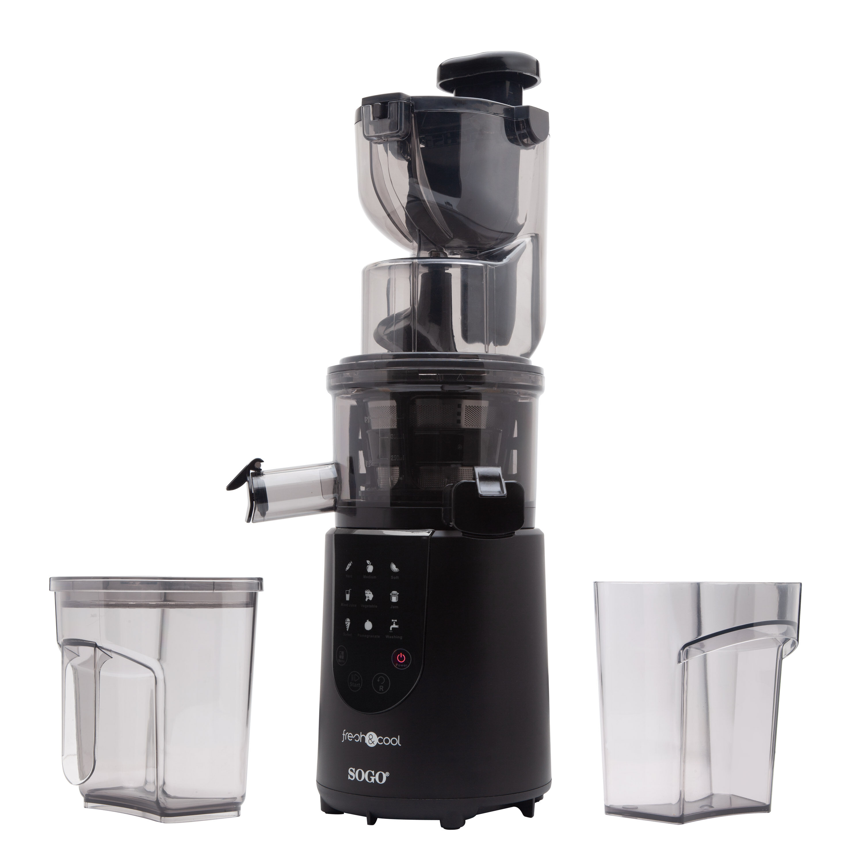 Una exprimidora desmontada con recipientes. La exprimidora es negra y tiene la marca Fresh & Cool.