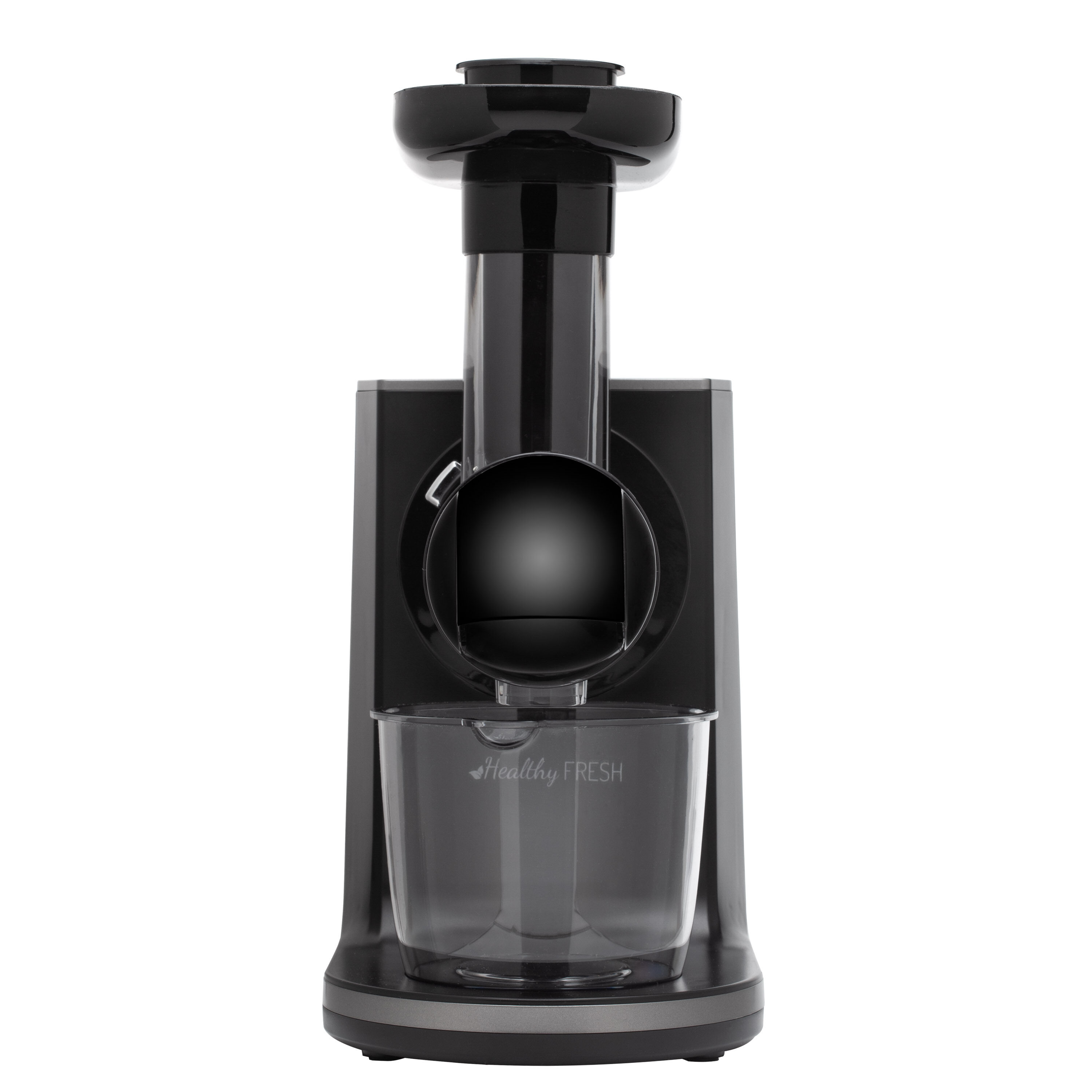 Una exprimidora negra con un recipiente transparente delante. Tiene la marca Healthy FRESH.