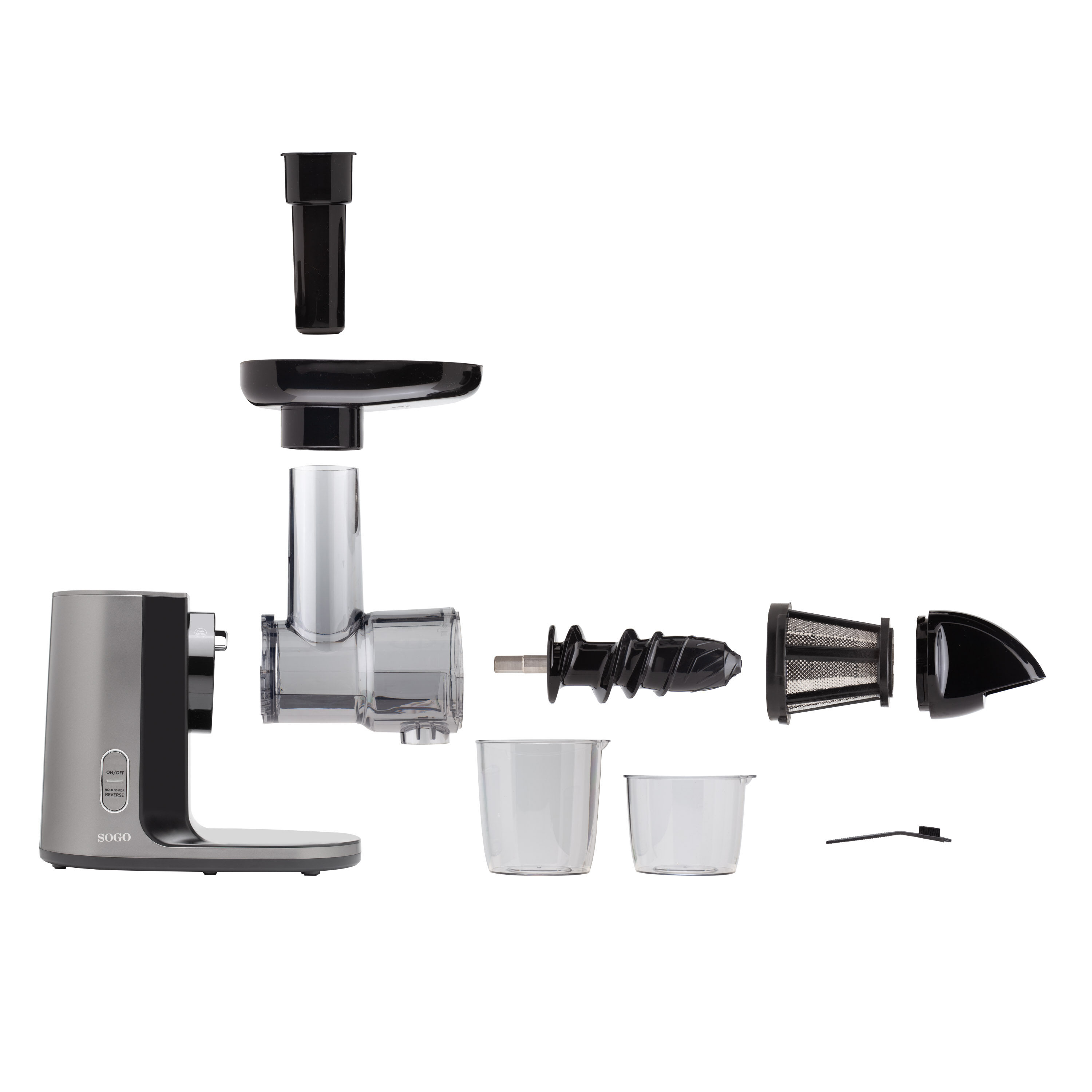 Exprimidora gris desmontada con varios componentes.