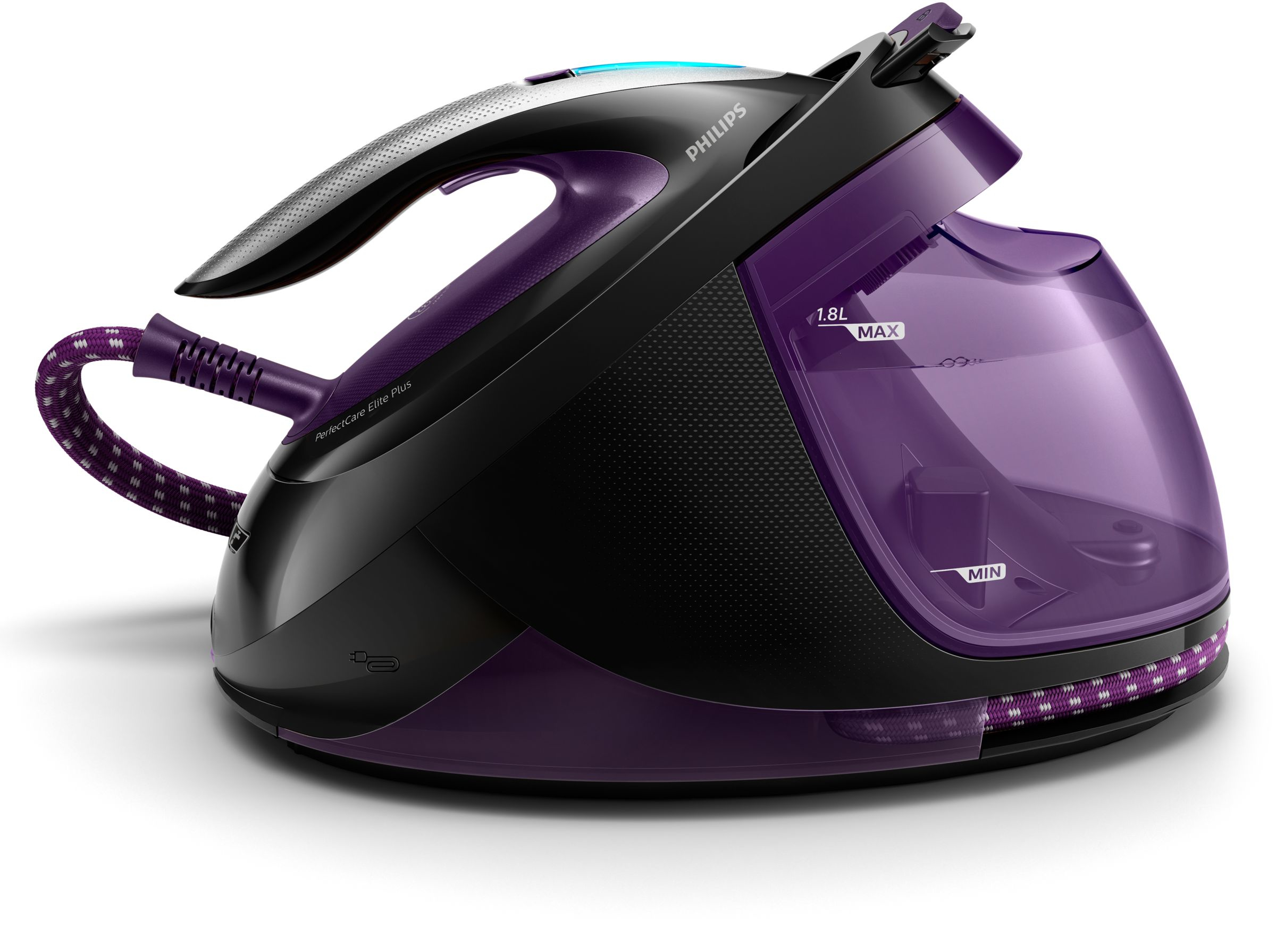 Ferro da stiro a vapore Philips viola e nero. Ha un grande serbatoio d'acqua e un tubo vapore.