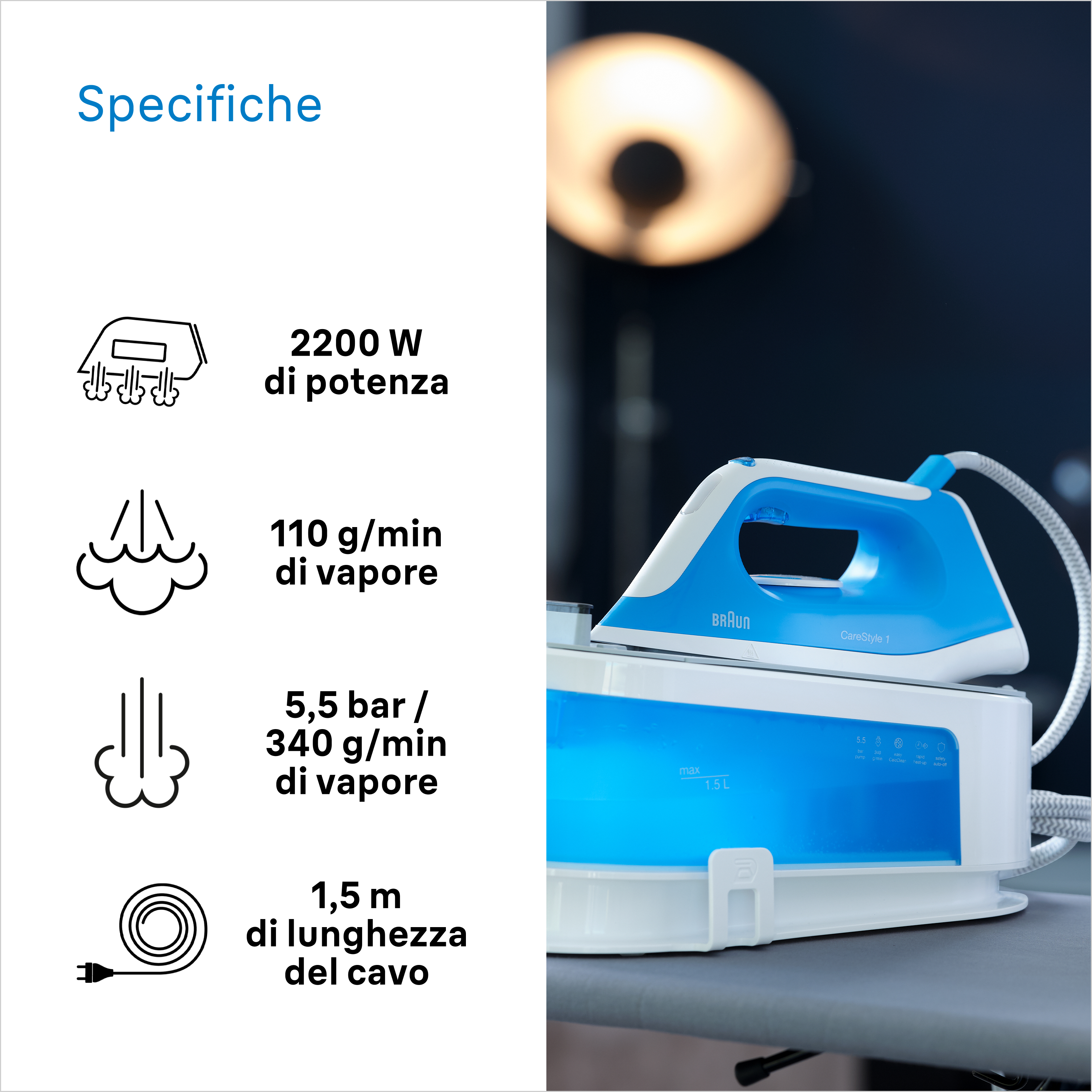 Ferro Braun blu e bianco, specifiche: 2200W, 110g/min vapore, 5,5 bar/340g/min vapore, cavo 1,5m.