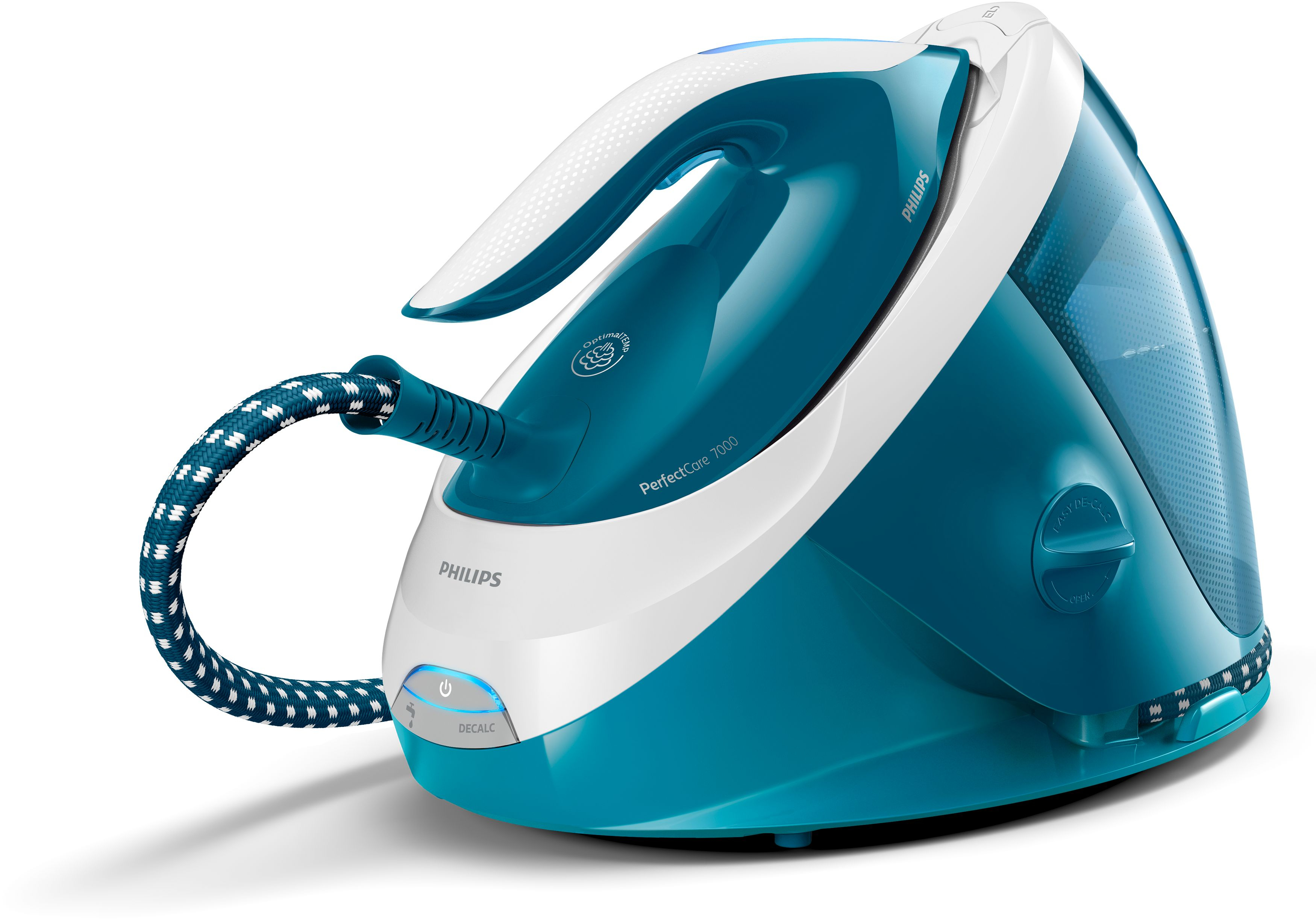 Philips PerfectCare 7000 buharlı ütü, turkuaz ve beyaz. Mavi kablo. Perspektif görünüm.