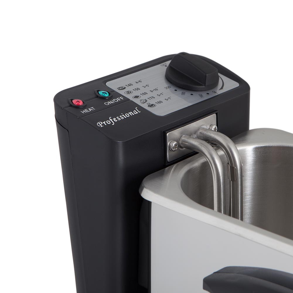 Zbliżenie czarnego panelu sterowania frytownicy z pokrętłem, kontrolkami i ustawieniami temperatury.