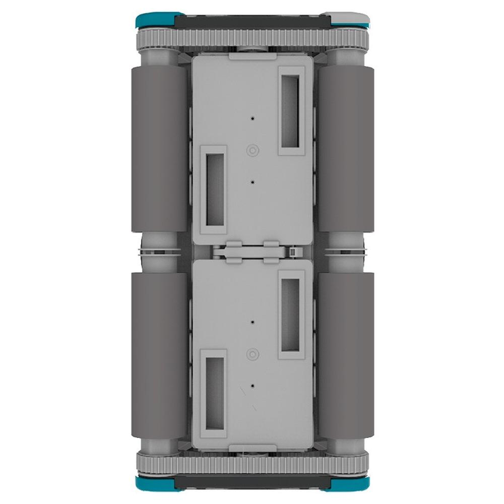 Vista superior de un robot rectangular. Tiene rodillos y cuerpo grises, con detalles turquesa. Dos cuerpos rectangulares grises en el centro.
