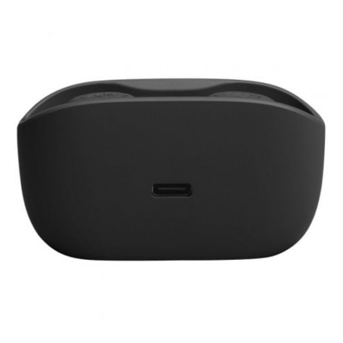 Czarne etui ładujące do słuchawek. Ma port USB-C na dole. Etui jest gładkie i matowe.