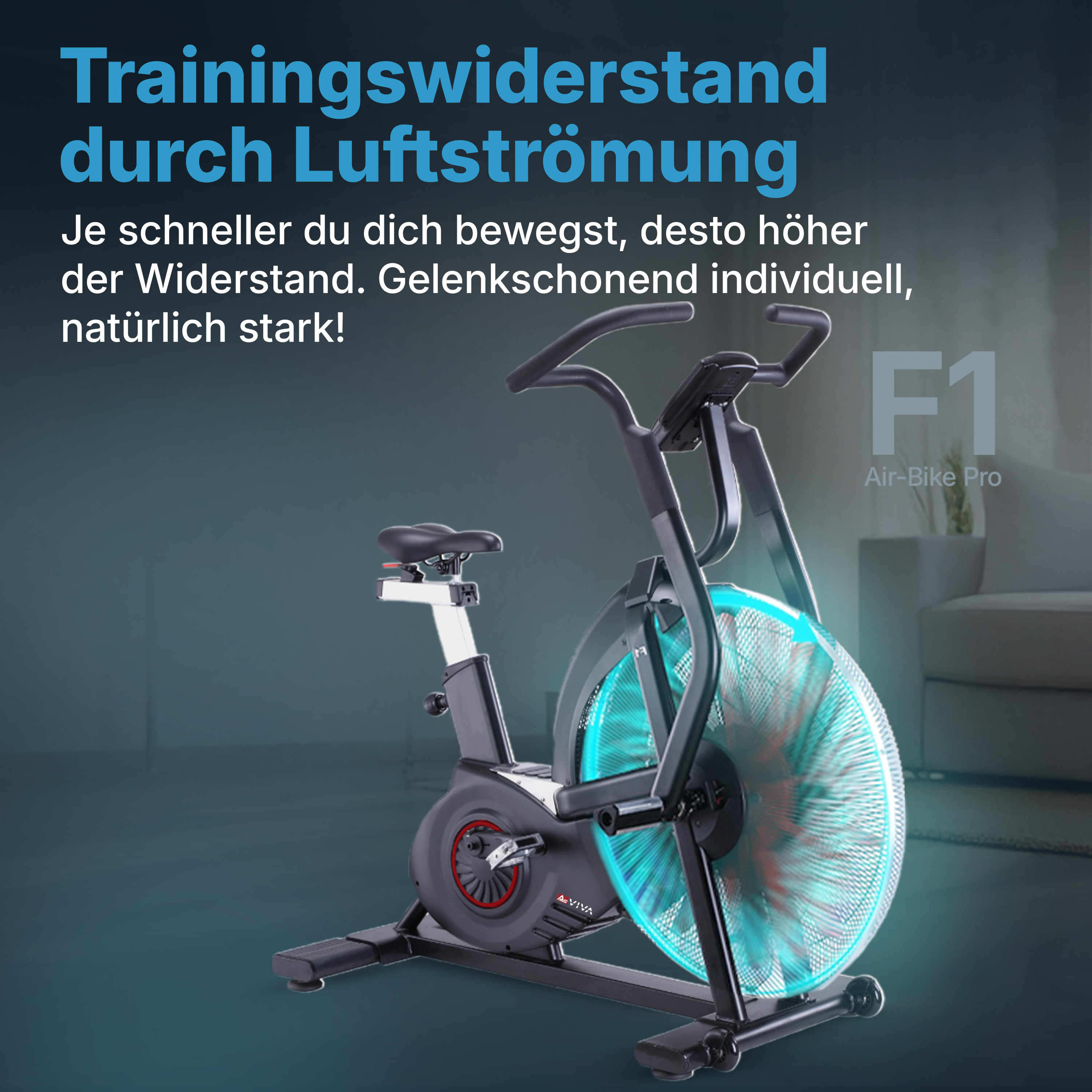 Ein Airbike mit deutschem Text. Das Fahrrad hat einen rot-schwarzen Lüfter und befindet sich auf blauem Hintergrund.