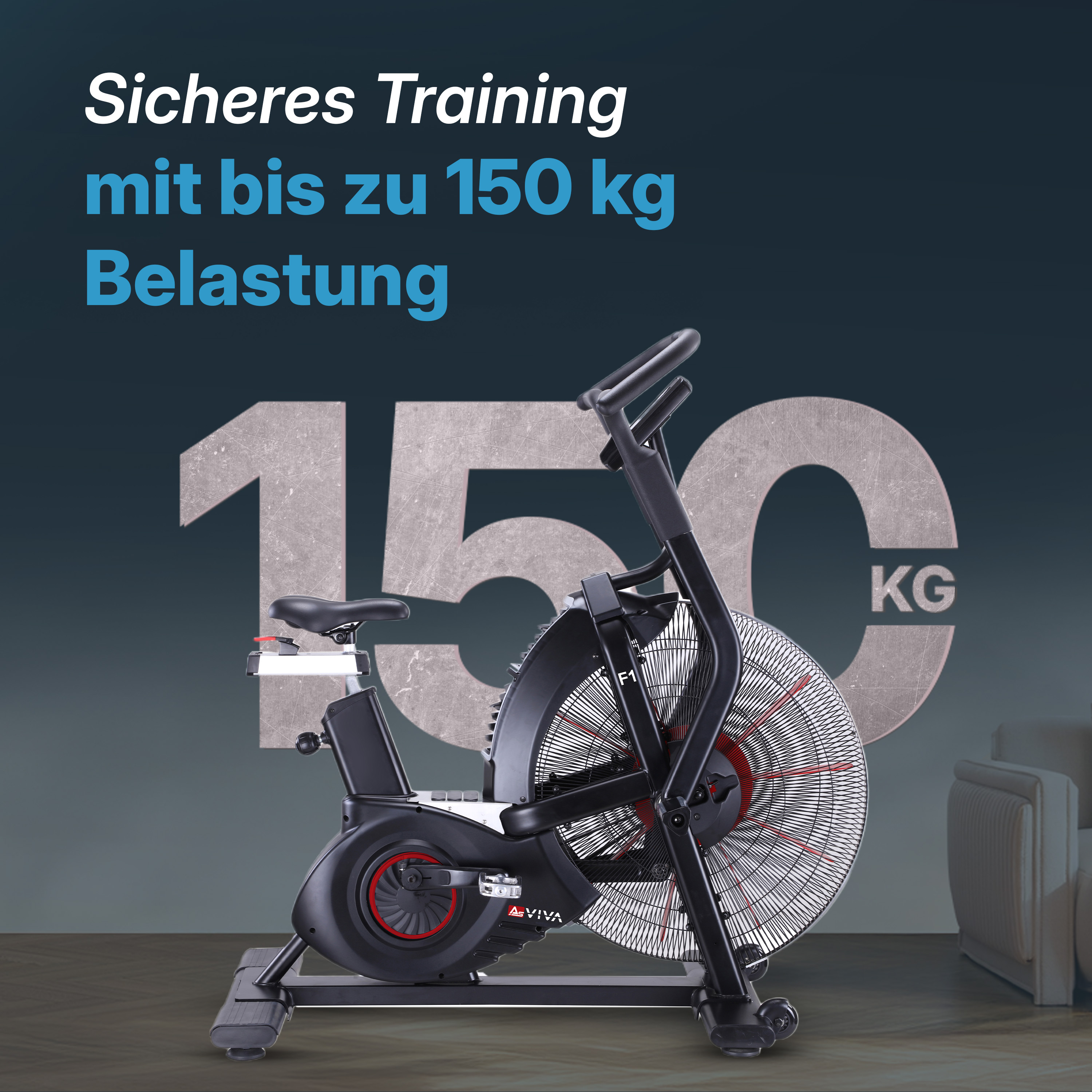 Schwarzes Trainingsrad mit großem Ventilator, 150 kg Gewichtskapazität auf blau/grauem Hintergrund. Große Zahl 150 und Text über sicheres Training.