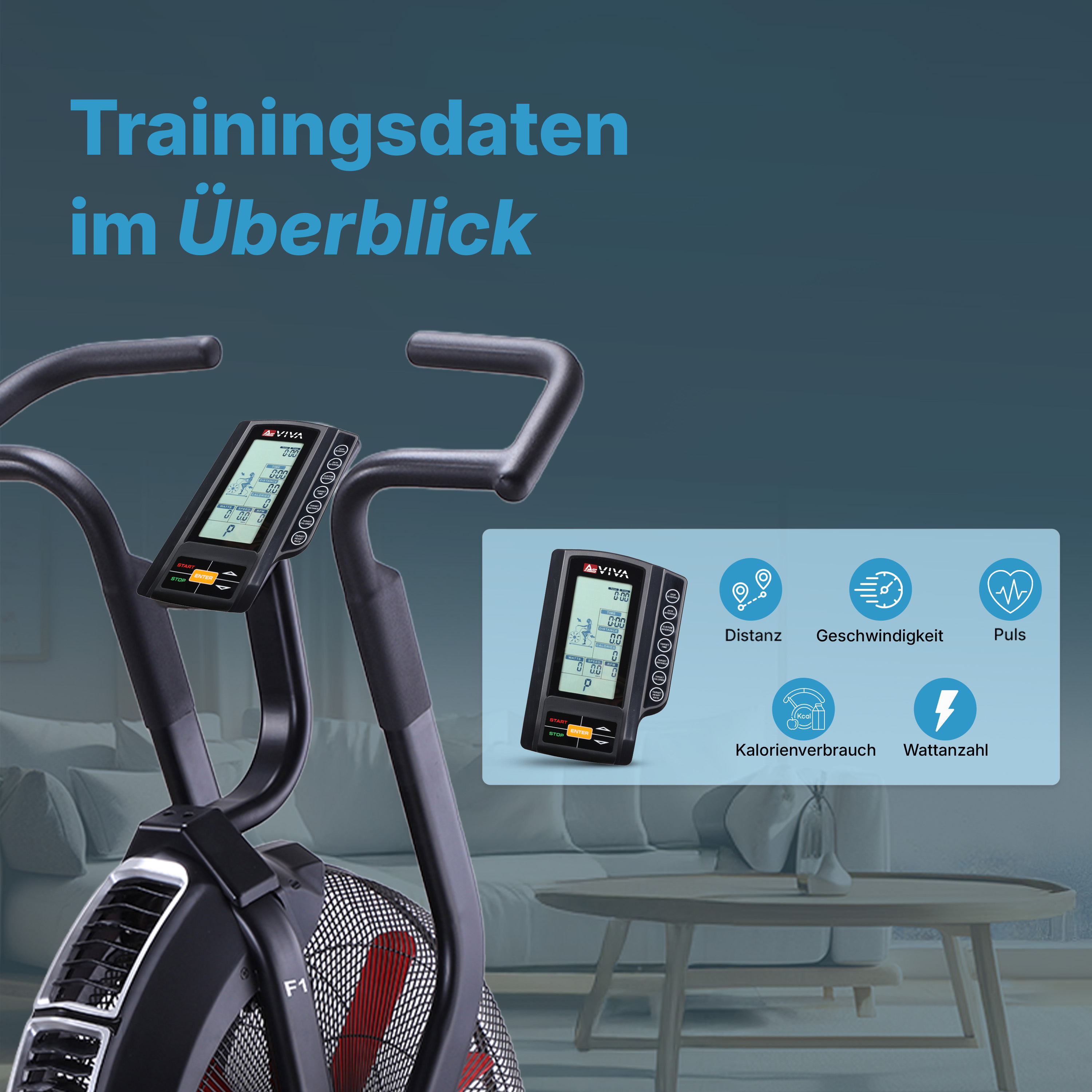 Nahaufnahme eines Airbike-Displays. Es gibt Symbole für Distanz, Geschwindigkeit und Puls. Das Fahrrad ist schwarz.
