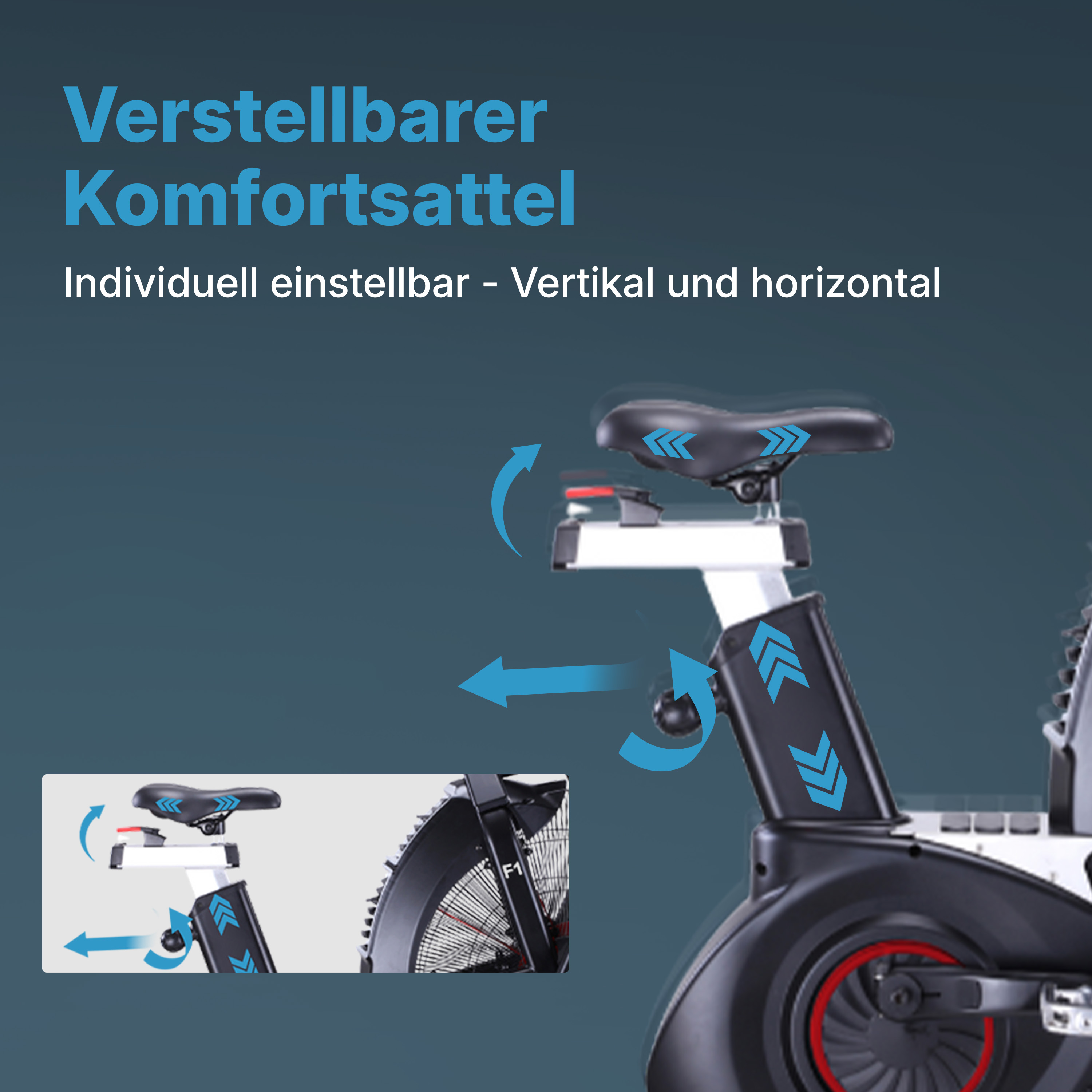 Nahaufnahme eines schwarzen Trainingsradsitzes mit verstellbaren Pfeilen. Ein kleines Bild zeigt die Verstellbarkeit des Sitzes und Text.