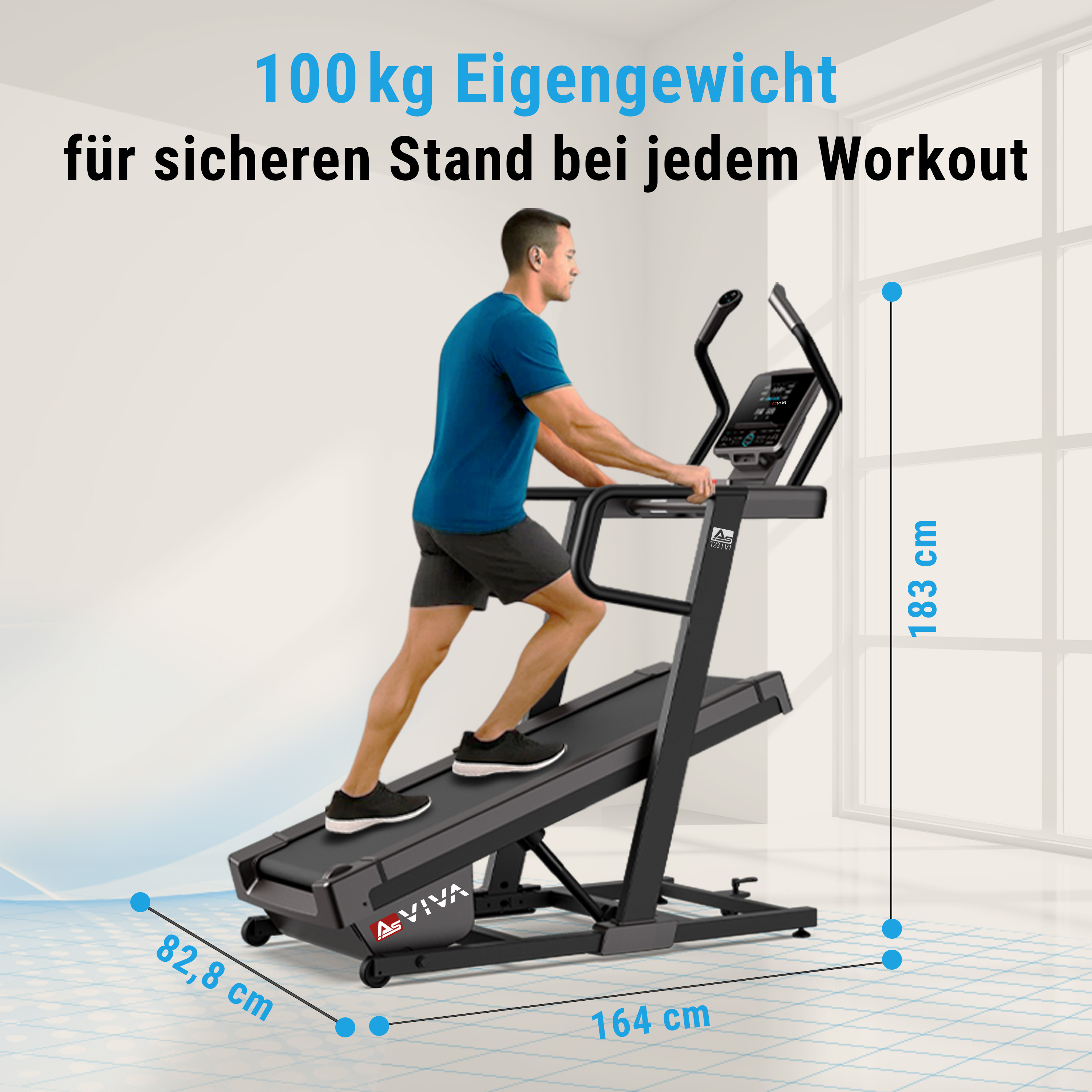 Ein Mann geht auf einem Laufband. Abmessungen des Laufbands sind in cm angegeben. Der Hintergrund ist ein Raum.