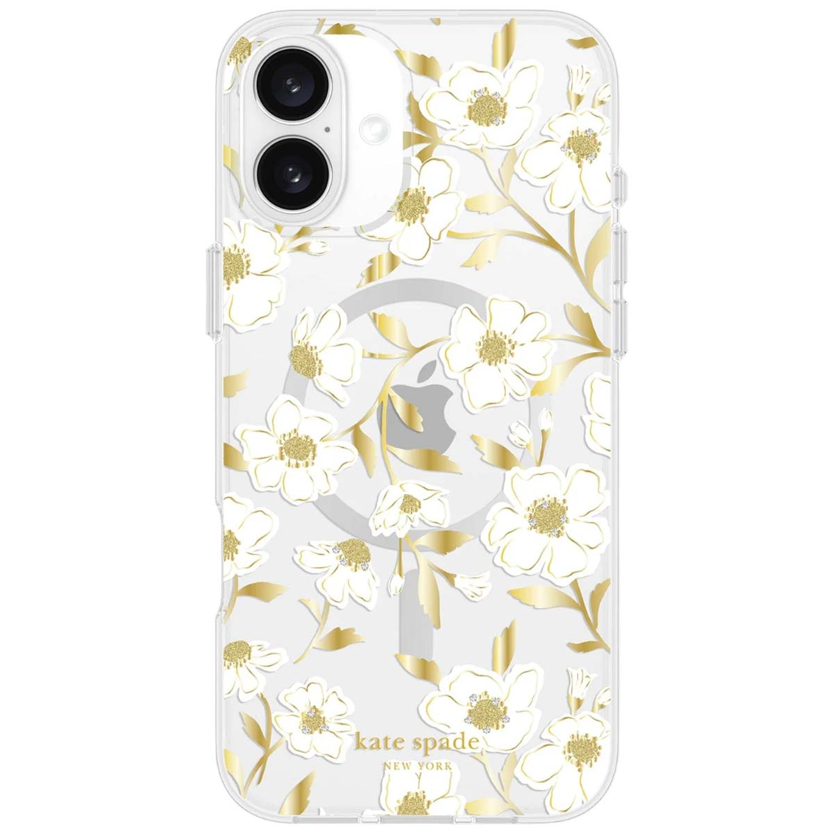Una custodia trasparente per telefono con fiori bianchi e dettagli dorati. Il logo Kate Spade è visibile.