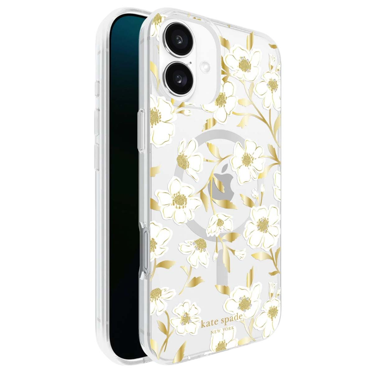 Un iPhone in una custodia trasparente con design floreale bianco e oro. La custodia ha un logo Kate Spade New York.