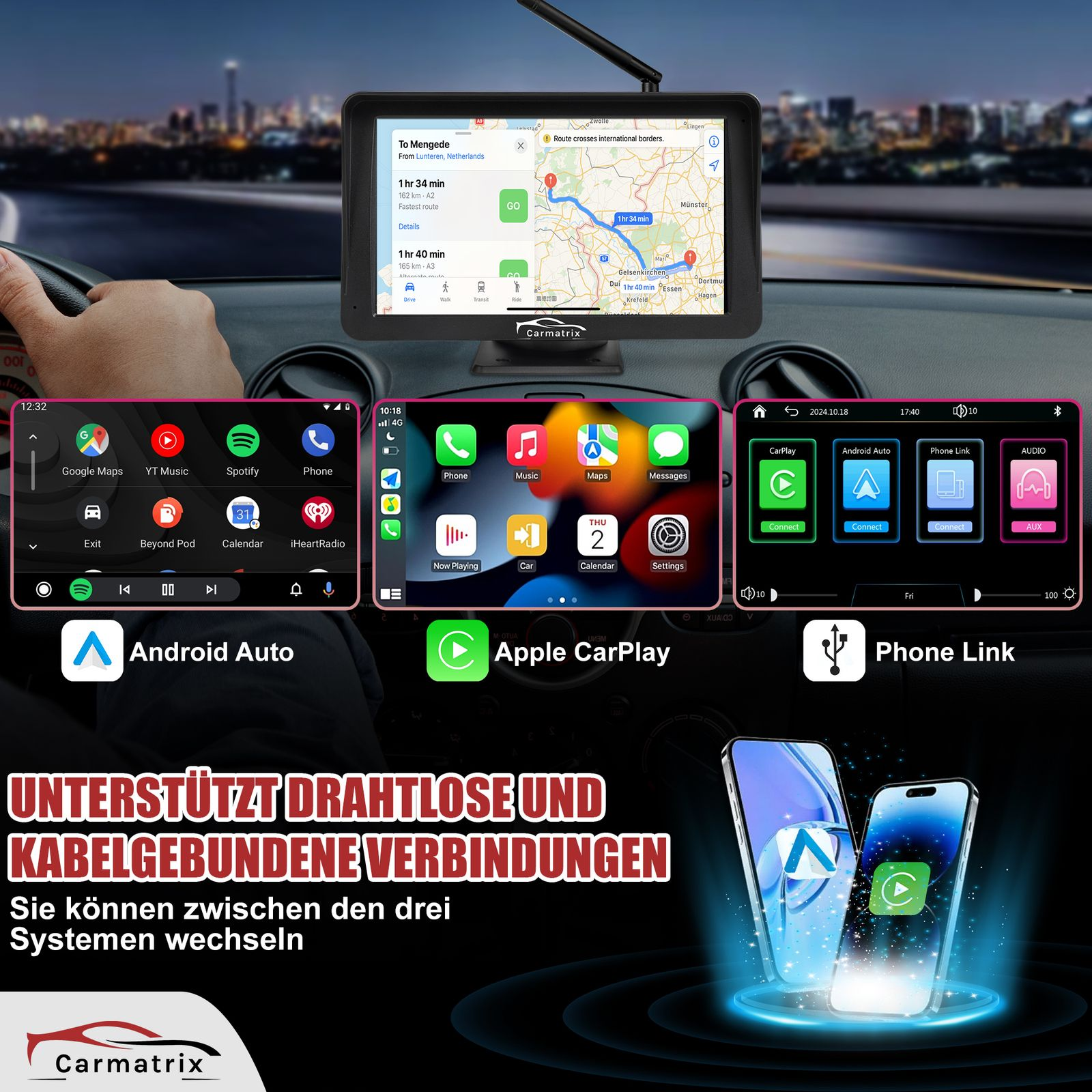 Armaturenbrett mit drei Bildschirmen: Navigation, Apple CarPlay und Phone Link. Zwei Telefone werden neben dem dritten Bildschirm angezeigt.