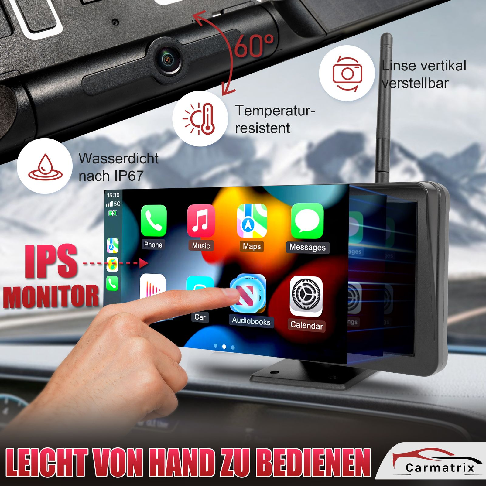 Der Auto-Monitor zeigt eine Telefonschnittstelle mit Symbolen wie Telefon, Musik, Karten und Einstellungen. Eine Hand berührt den Bildschirm.