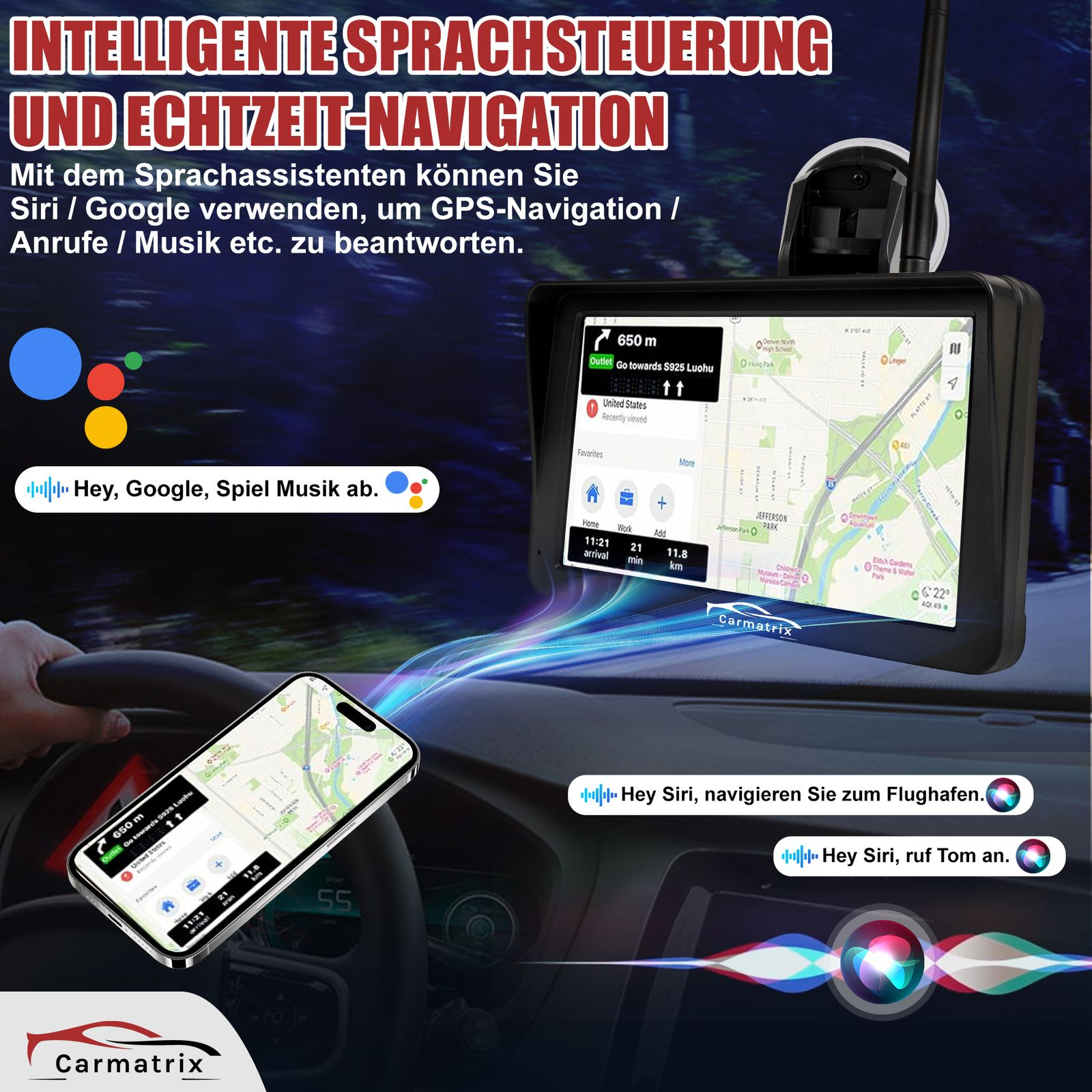 Ein Navigationssystem zeigt eine Karte und Sprachbefehle an. Der Bildschirm zeigt Anweisungen und ein Smartphone ist ebenfalls vorhanden.