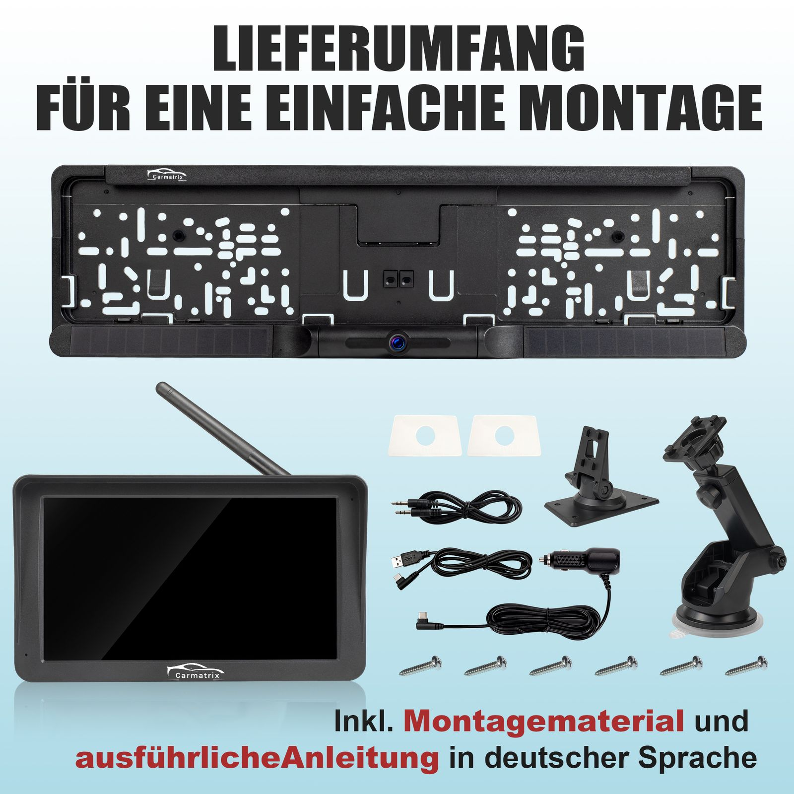 Ein Kennzeichenhalter-Kit. Enthält einen Monitor, Kabel, Schrauben und Montagezubehör. Text auf Deutsch.