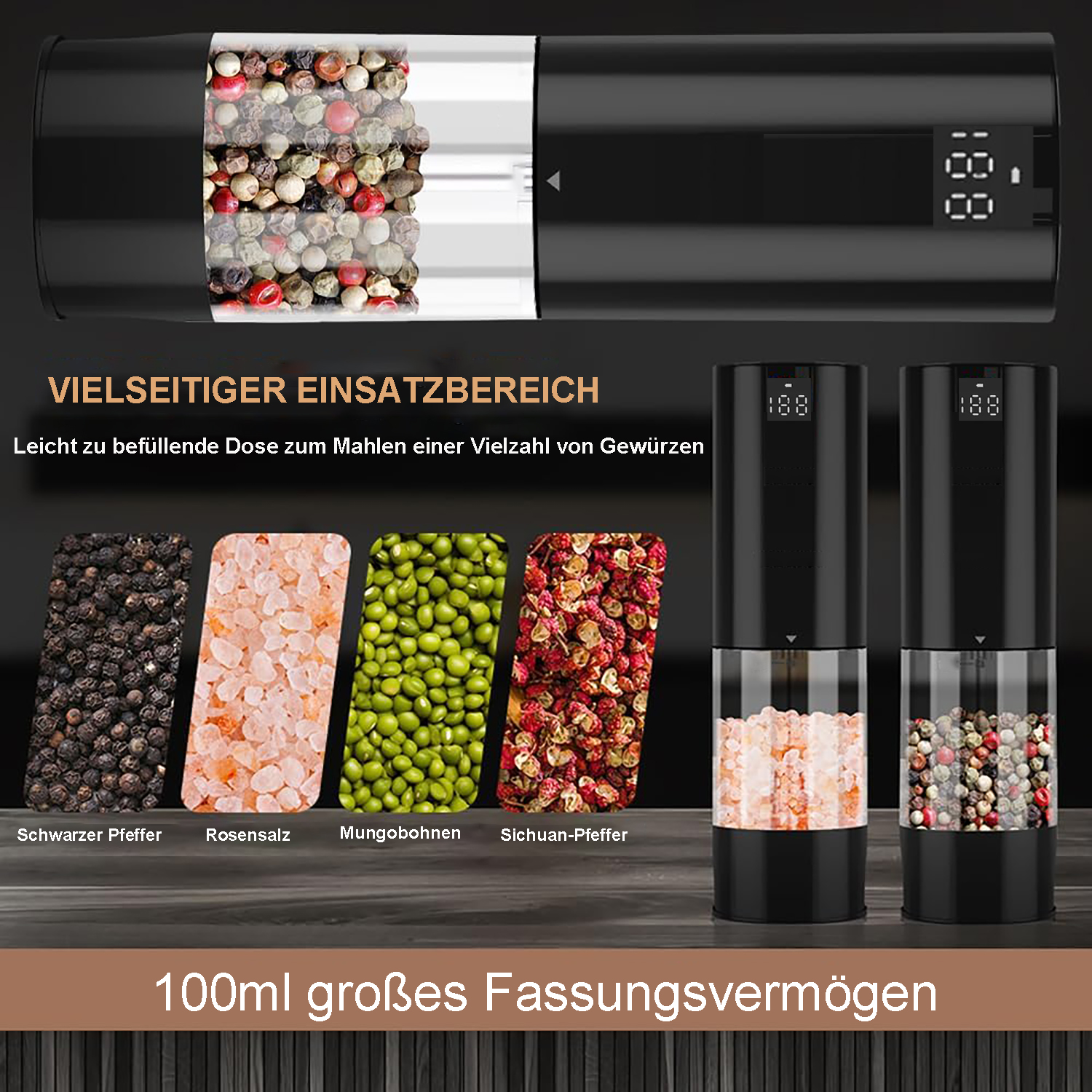 Schwarze elektrische Pfeffermühlen, mit verschiedenen Gewürzen daneben. Text: Vielseitiger Einsatzbereich.