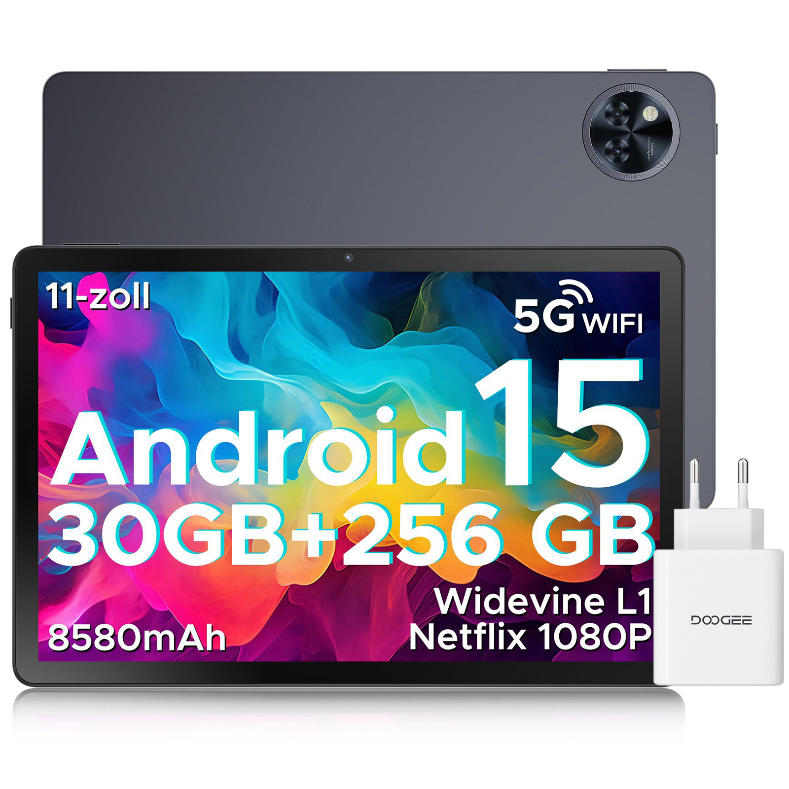 Ein Tablet mit "Android 15" und Spezifikationen auf dem Bildschirm, plus Ladegerät. Das Tablet ist dunkelgrau.