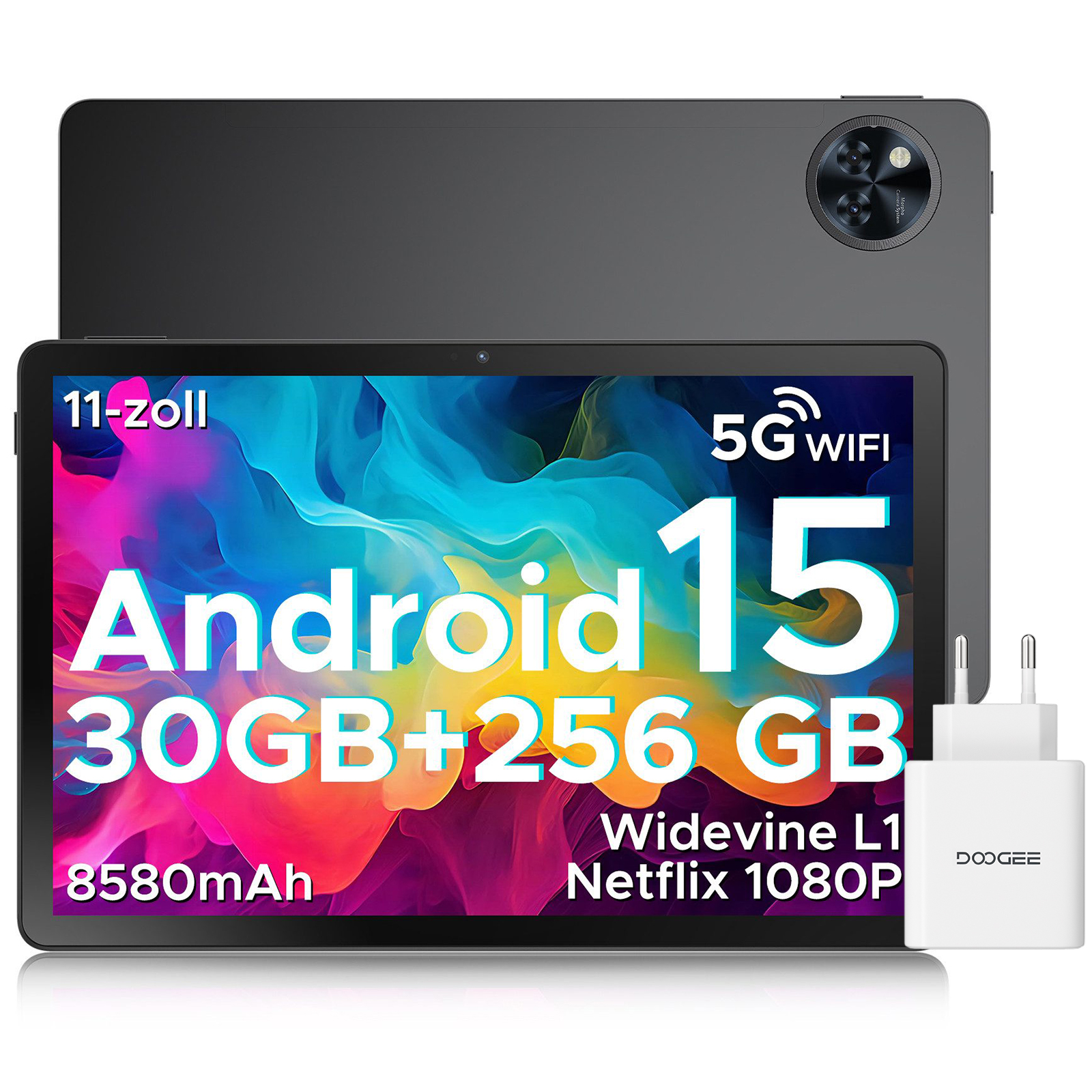Ein dunkelgraues Tablet mit "Android 15" und Spezifikationen auf dem Bildschirm, plus Ladegerät. Das Tablet ist dunkelgrau.
